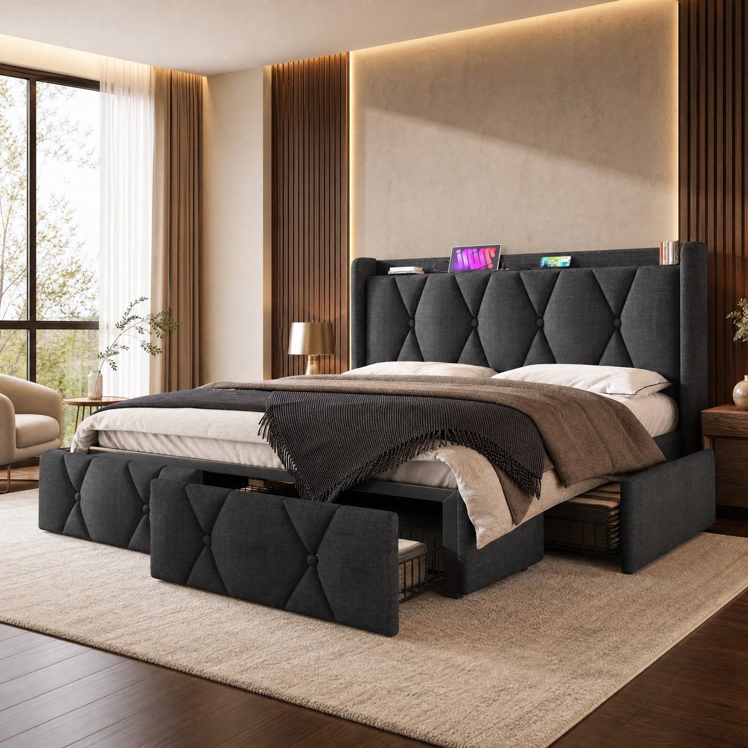 Maisentiel Gestoffeerd bed 160 x 200 cm met 4 lades, USB en lattenbodem - grijs