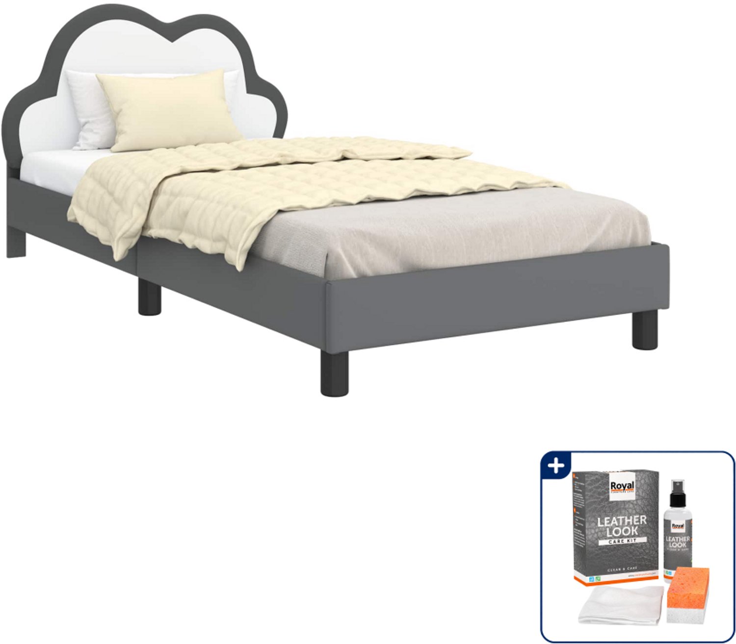 vidaXL kinderbed - 80 x 200 cm - bewerkt hout - lichtgrijs - Inclusief onderhoudsset voor kunstleer 150 ml