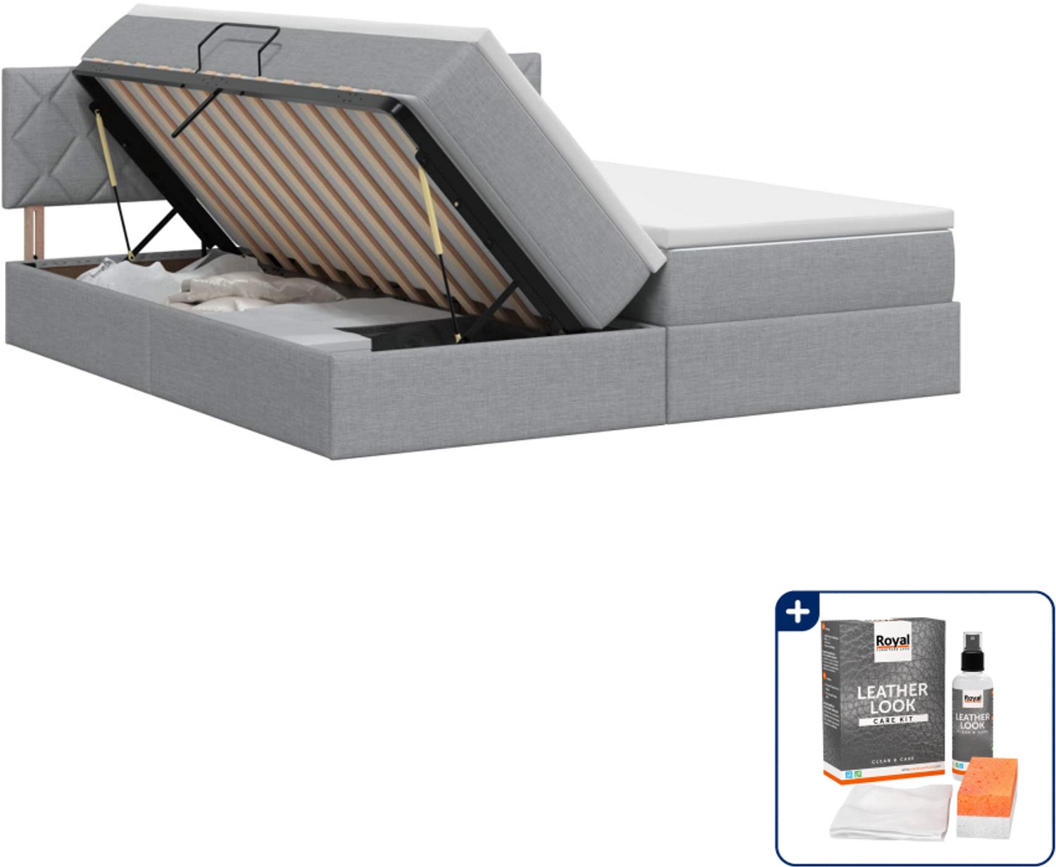 vidaXL opbergbed 200 x 200 cm - kunstleer - lichtgrijs - Inclusief onderhoudsset voor kunstleer 150 ml