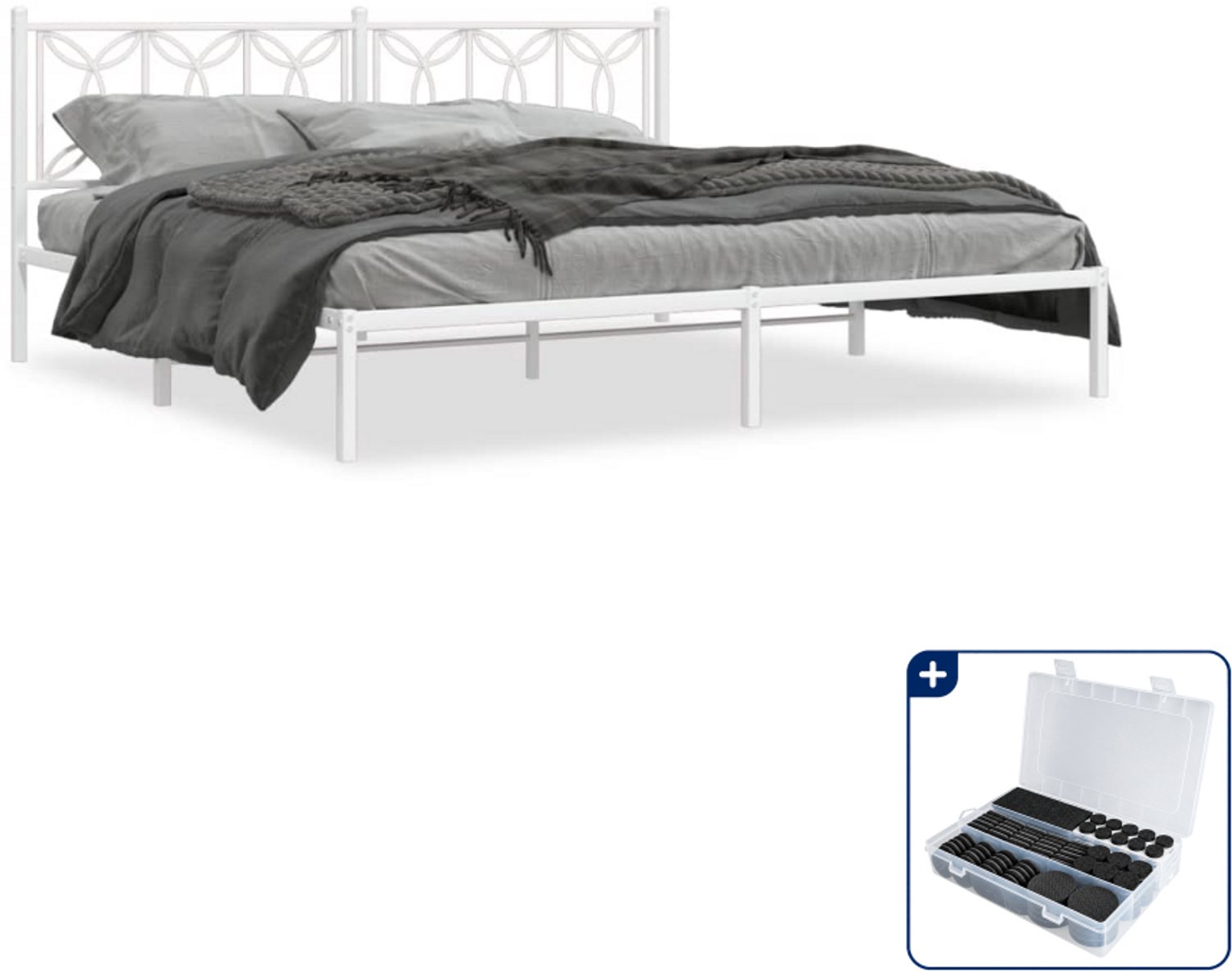 vidaXL bedframe met hoofdbord - 193 x 203 cm - staal - wit - Inclusief antikrasvilt 177-delig