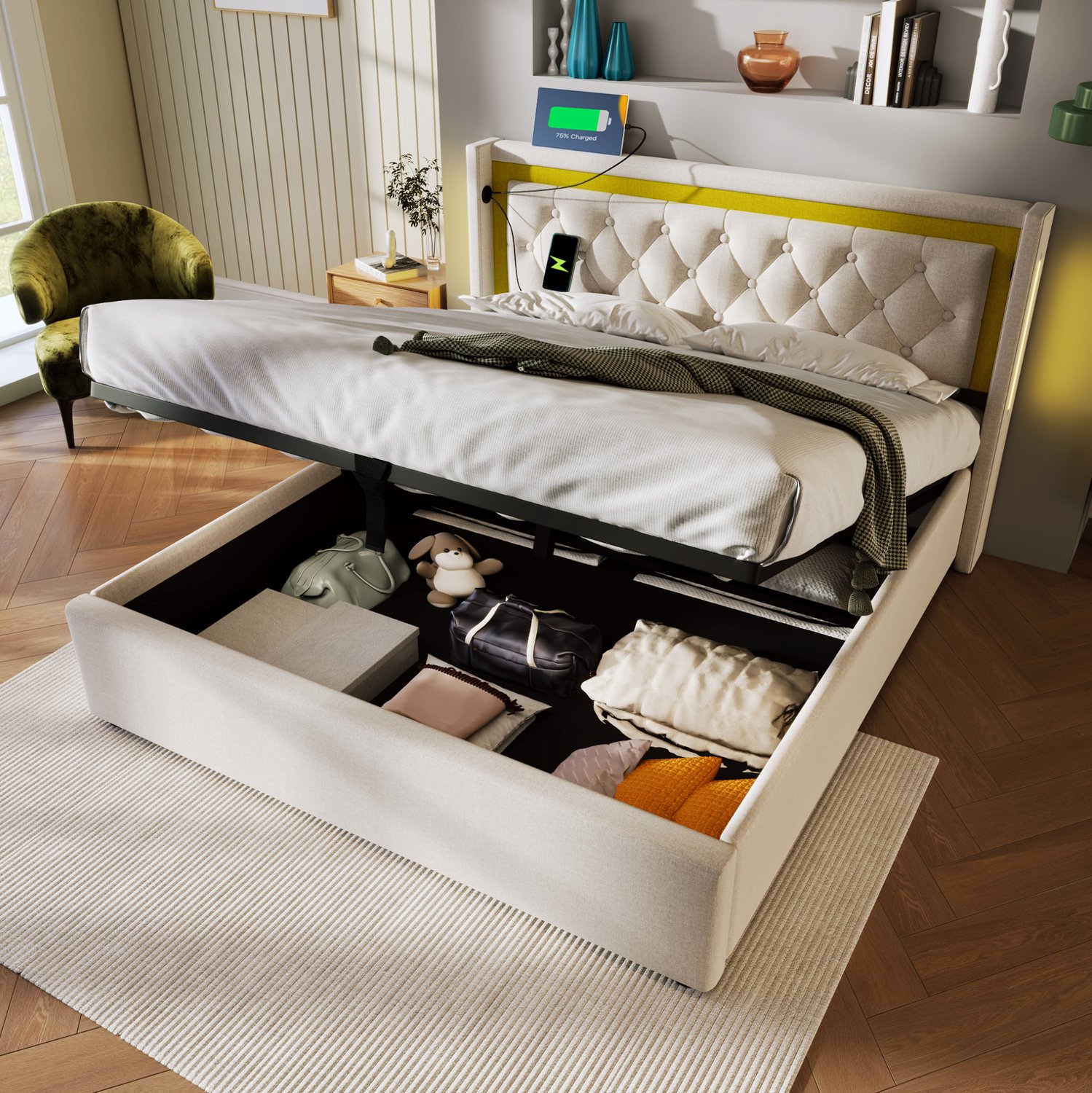 Maisentiel Gestoffeerd tweepersoonsbed 140x200 cm met opbergruimte, LED en USB-C - beige
