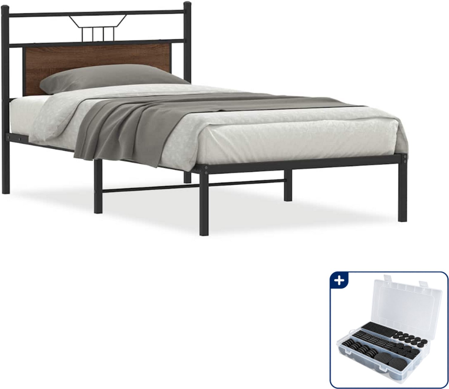 vidaXL Bedframe - 107 x 203 cm - bewerkt hout en staal - bruin eiken - Inclusief antikrasvilt 177-delig