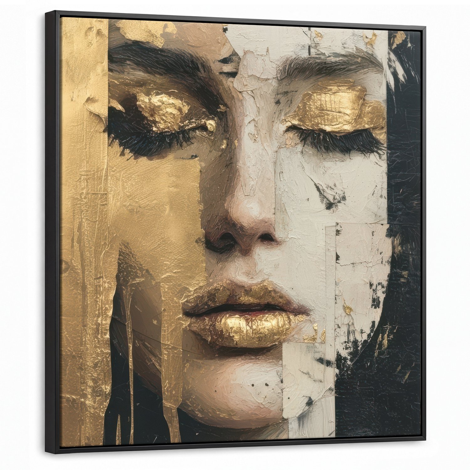 Canvas Schilderij met Baklijst 90x90cm - Abstract - Goud - Gezicht - Lippen - Muurdecoratie woonkamer - Slaapkamer decoratie - Kamer accessoires - Schilderijen op canvas met lijst