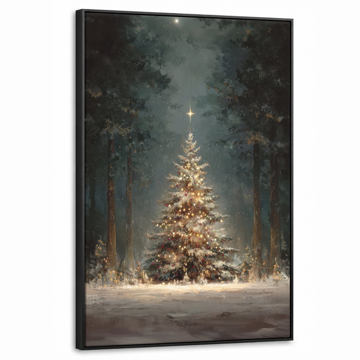 Canvas Schilderij met Baklijst 60x90cm - Kerstboom - Bos - Sneeuw - meerkleurig - Muurdecoratie woonkamer - Slaapkamer decoratie - Kamer accessoires - Schilderijen op canvas met lijst