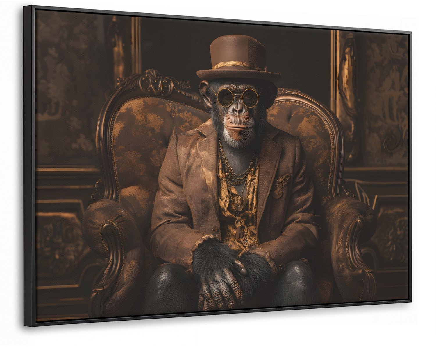Canvas Schilderij met Baklijst 90x60cm - Chimpansee - Stoel - Pak - Bruin - Muurdecoratie woonkamer - Slaapkamer decoratie - Kamer accessoires - Schilderijen op canvas met lijst