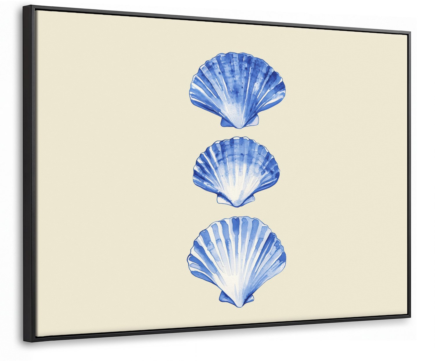 Canvas Schilderij met Baklijst 70x50cm - Schelpen - Blauw - Beige - Muurdecoratie woonkamer - Slaapkamer decoratie - Kamer accessoires - Schilderijen op canvas met lijst