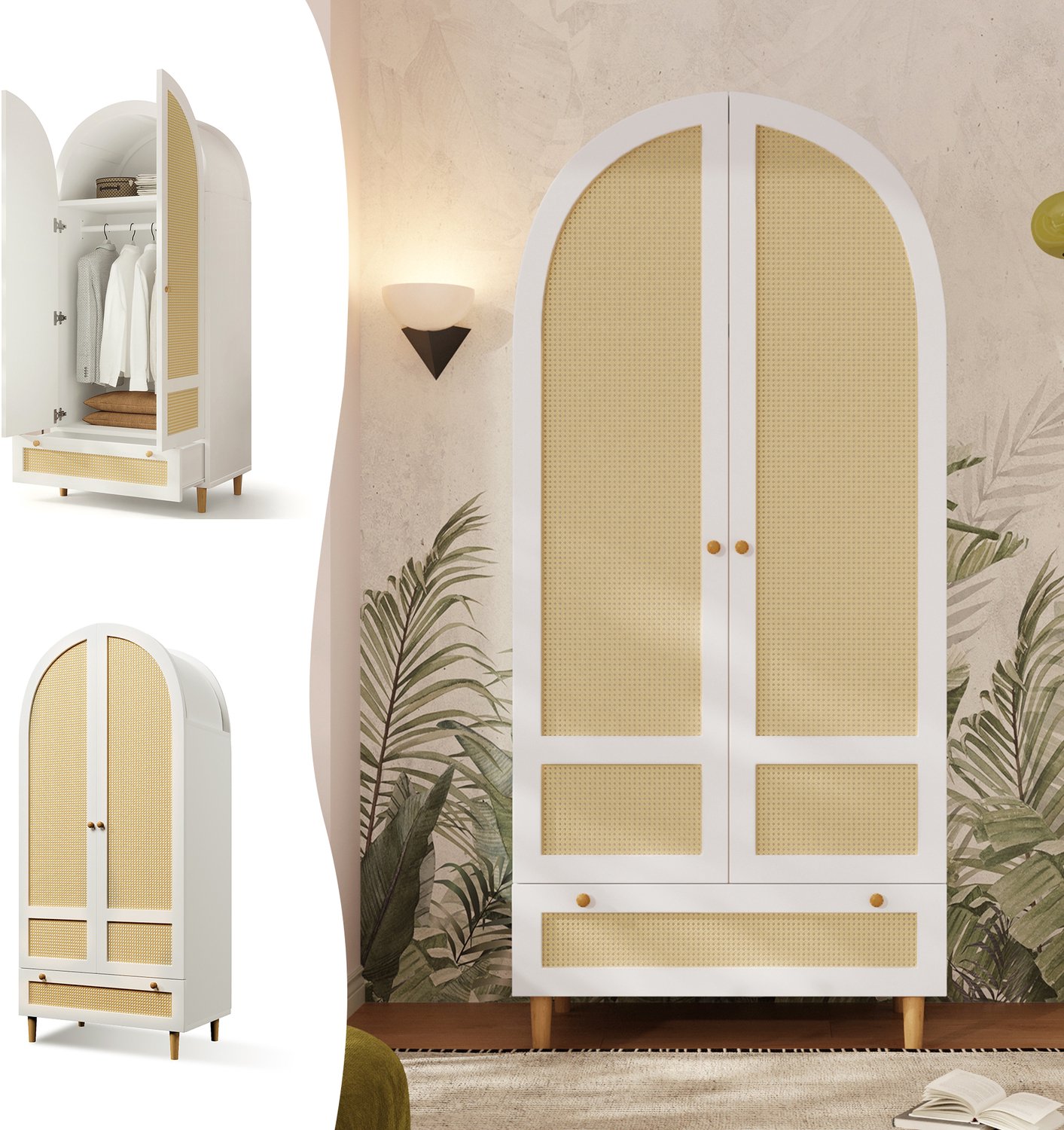 Vovtenza Kledingkast 80x50x180 cm - gemaakt van hout met een rotanlook - witte kledingkast met gebogen design - linnenkast met kledingstang en lade - kledingkast voor slaapkamer - kinderkamer of hal.