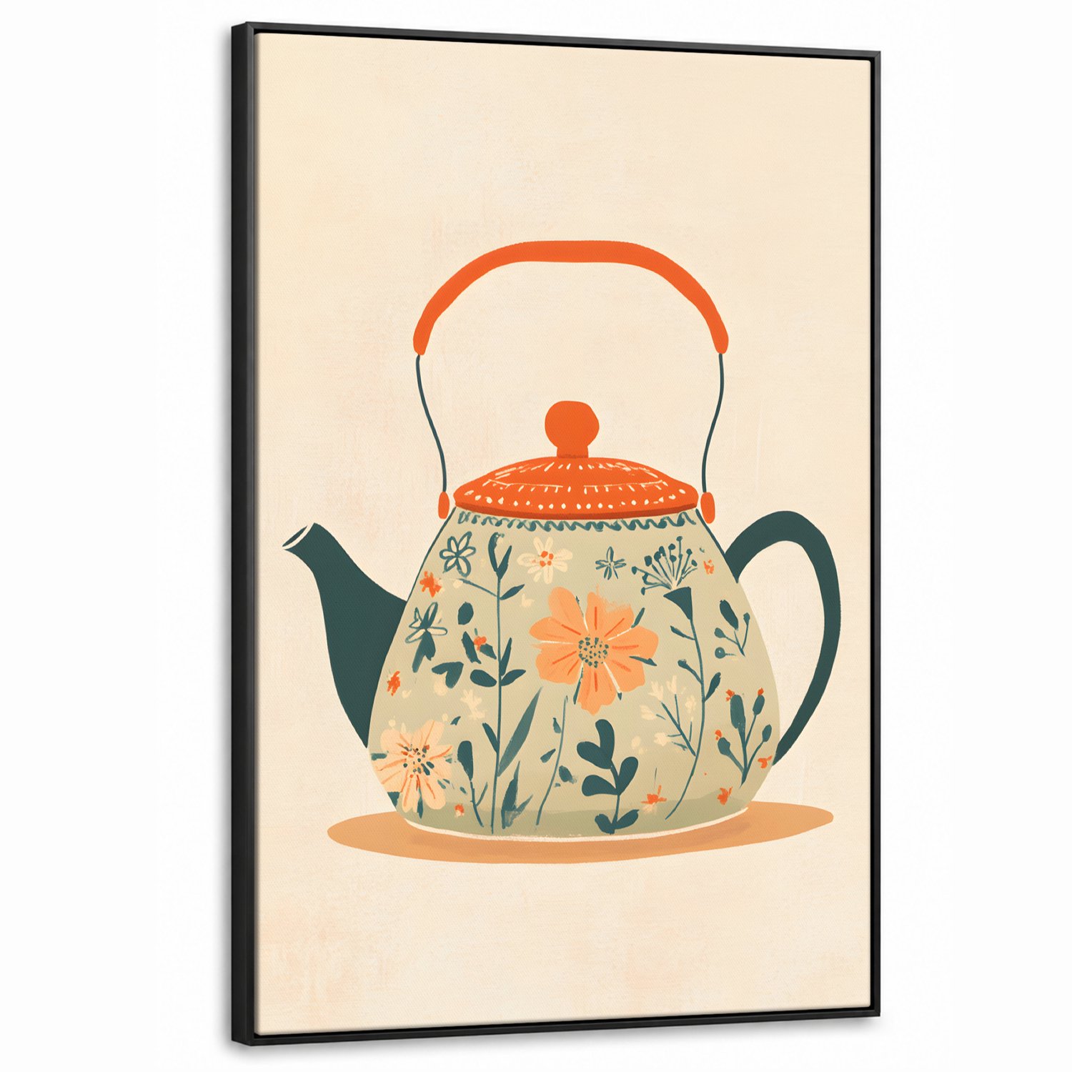 Canvas Schilderij met Baklijst XXL Canvas Schilderij met Baklijst 80x120cm - Oranje - Theepot - Bloemen - Bladeren - Muurdecoratie woonkamer - Slaapkamer decoratie - Kamer accessoires - Schilderijen op canvas met lijst groot