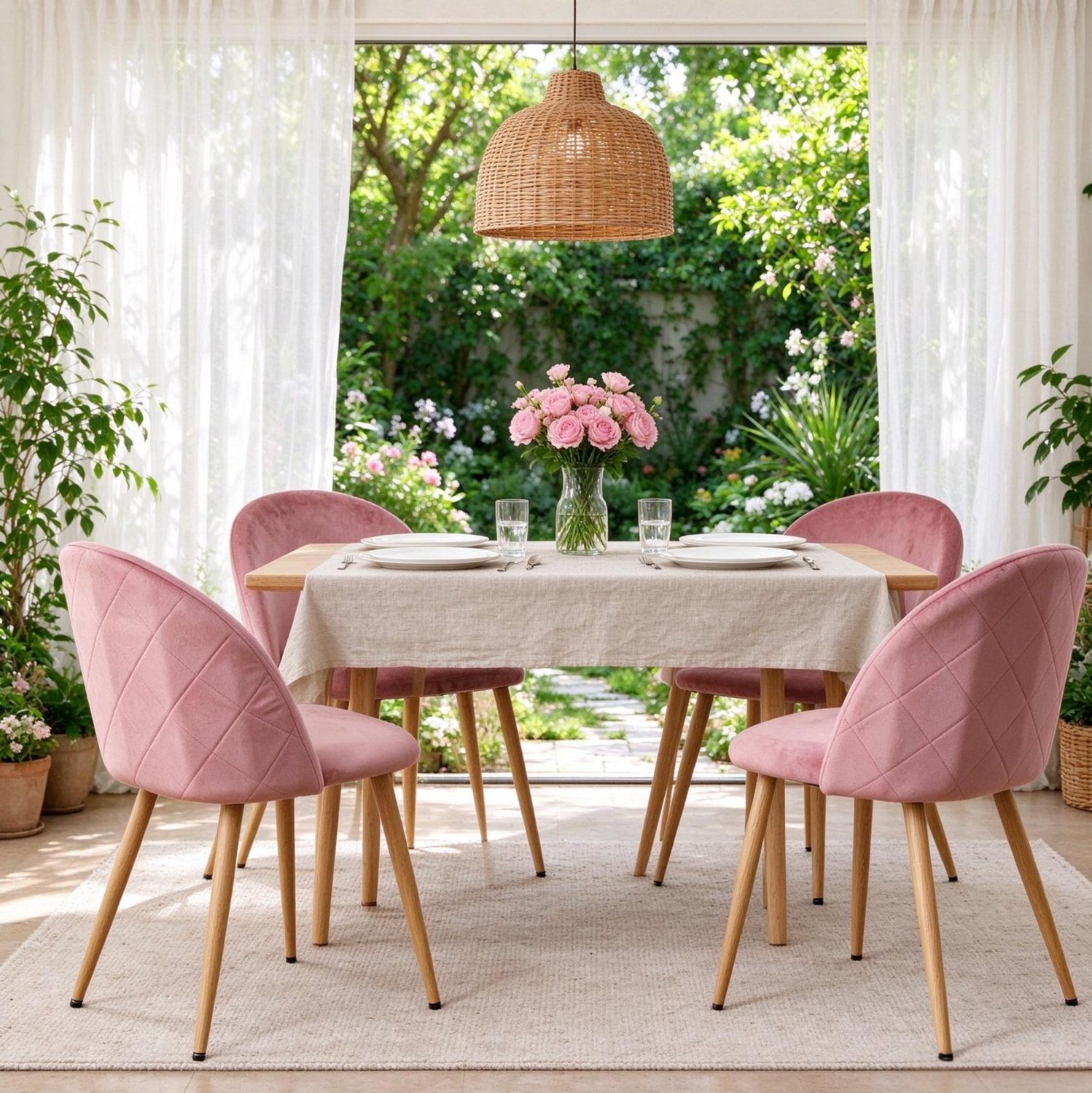 MODENUIT Eetkamerstoelen 80 x 48 x 43 cm - Set van 4 met Fluwelen Zitting - Eetkamer en Keuken - Roze