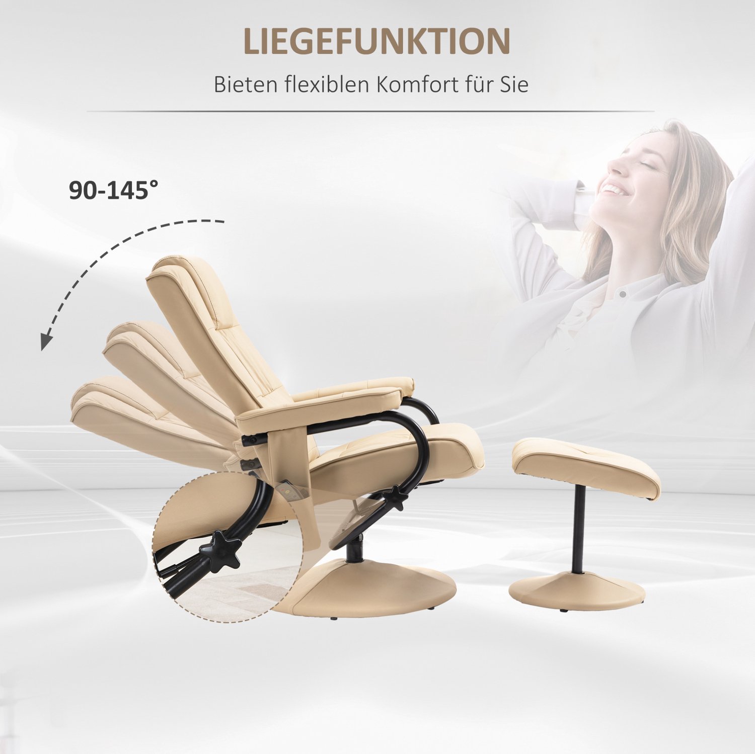DESMIU Relaxfauteuil 77 x 84 x 95 cm - Massagefunctie En Verstelbare Rugleuning - Draaibaar Met Hocker - Voor Woonkamer - Kunstleer - Crèmewit Crème-wit