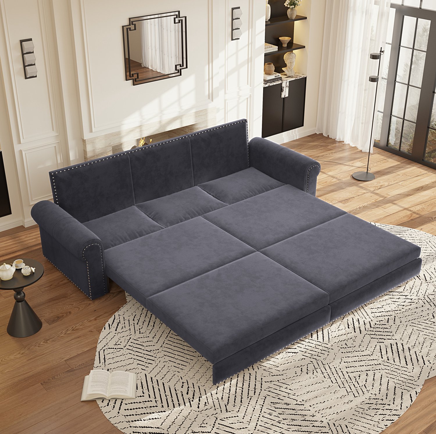 MODENUIT Slaapbank 238 cm - Uitschuifbaar Driezitsmodel - Voor Woonkamer en Kantoor - Fluweel - Grijs