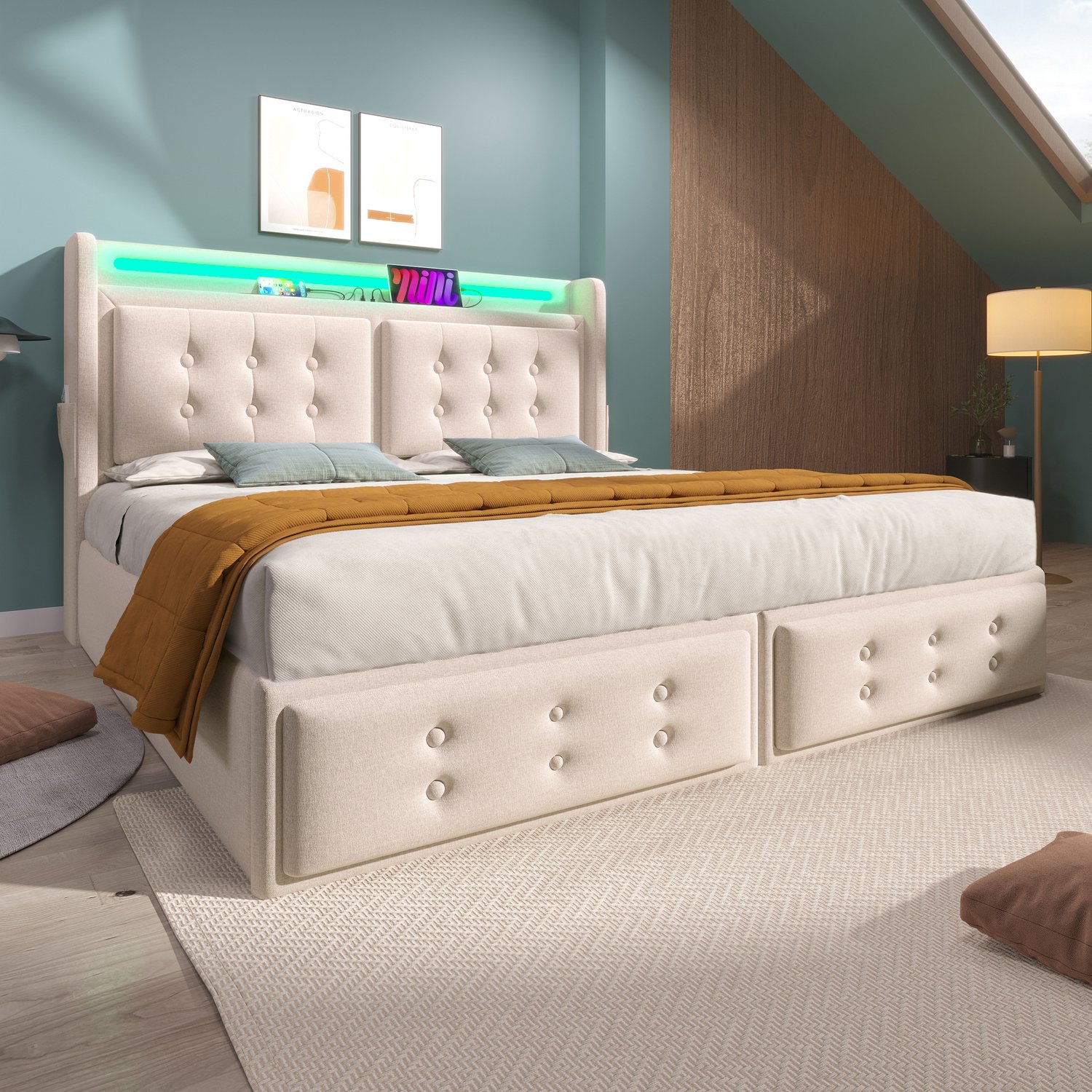 MUVANO Gestoffeerd bed - Tweepersoonsbed met opbergruimte - LED en USB-C - Katoen-linnen en metalen frame - 140x200 cm - Voor de slaapkamer - Beige