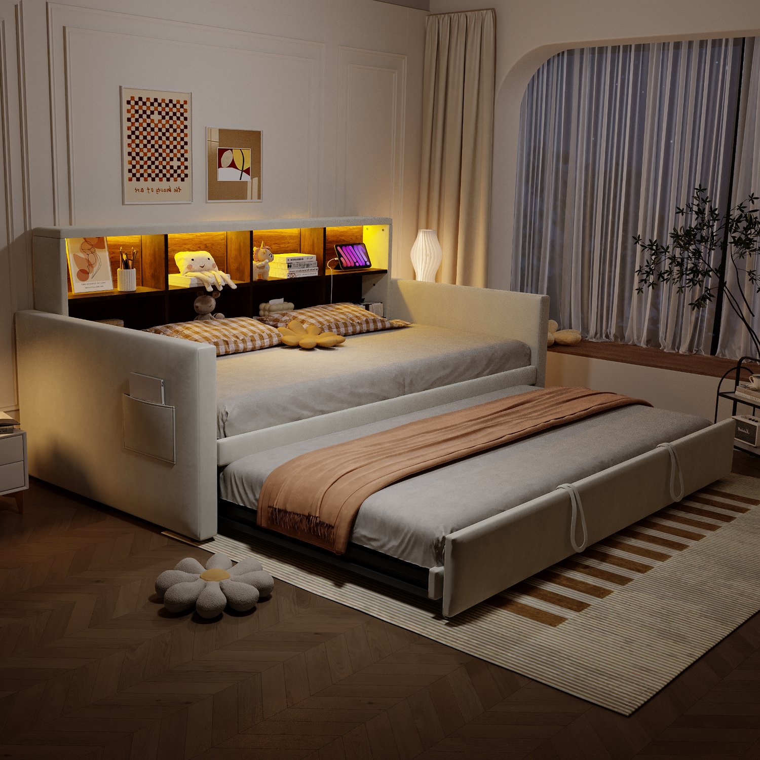 Zubaliya Dagbed - 90 x 190 cm - Beige - fluweel - LED-verlichting - Uitschuifbaar - Stopcontact