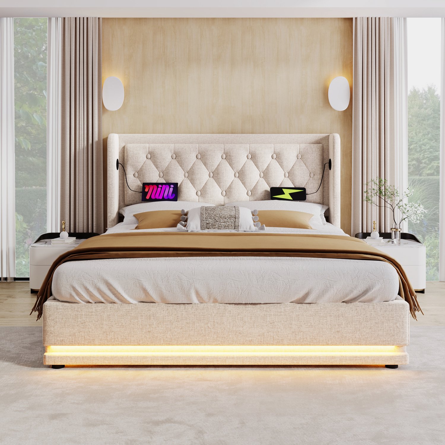 MUVANO Gestoffeerd bed 140x200 cm - Tweepersoons opbergbed met matras - Hydraulisch - Katoen en staal - USB-C en ledverlichting - Slaapkamer beige