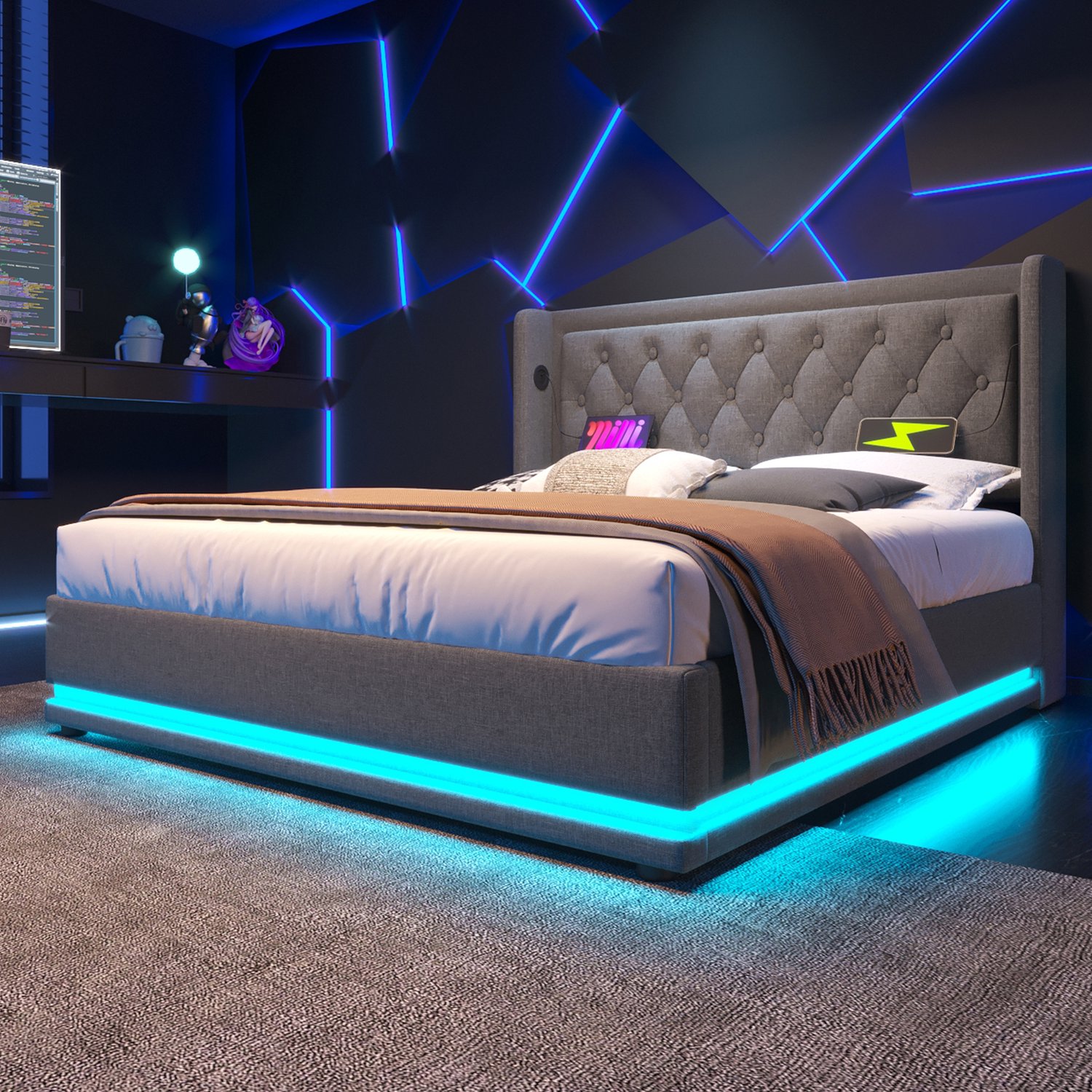 MUVANO Tweepersoonsbed met opbergruimte - USB en USB-C - Hydraulische lattenbodem - Katoen - 140x200 cm - Slaapkamer grijs - Driezijdige ledverlichting