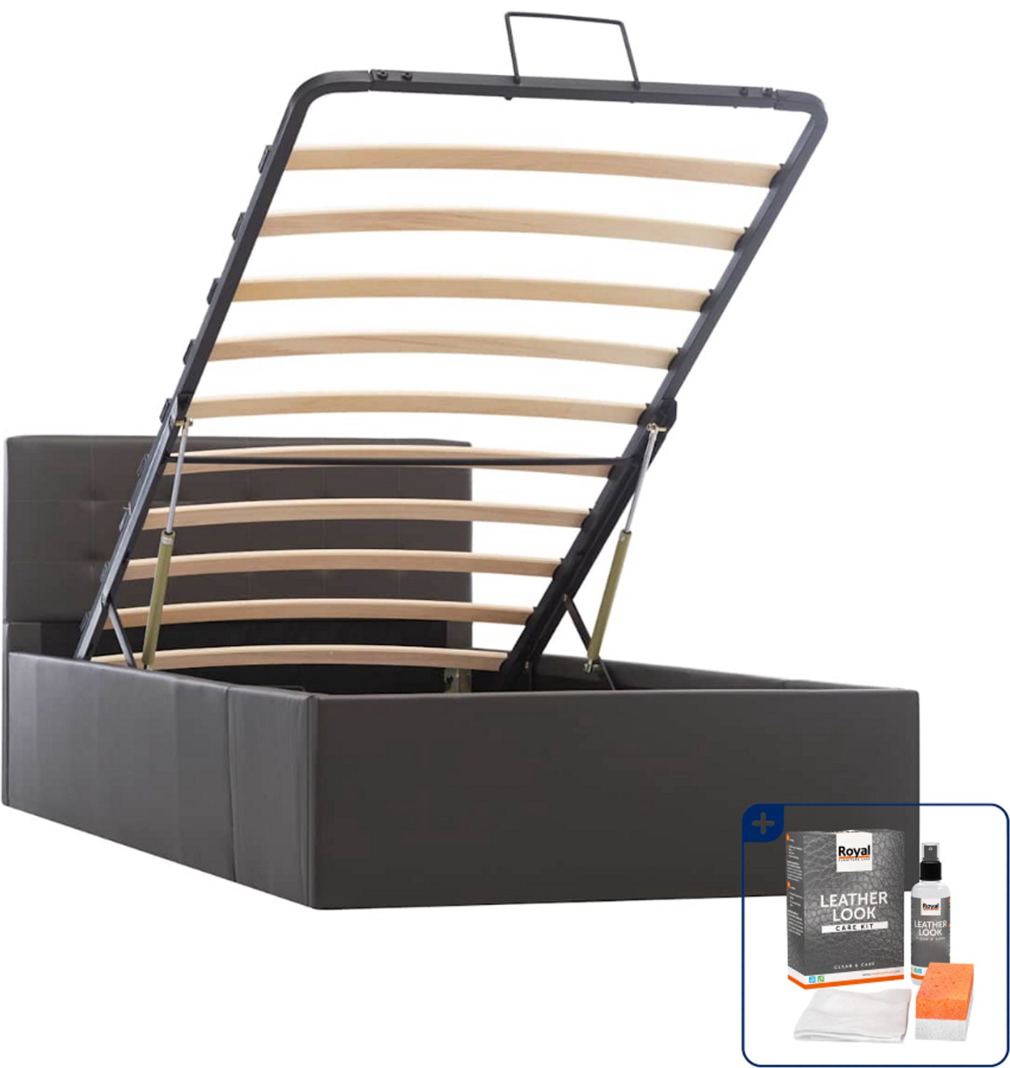 vidaXL bedframe met opslag - 100 x 200 cm - kunstleer - grijs - Inclusief onderhoudsset voor kunstleer 150 ml Bruin