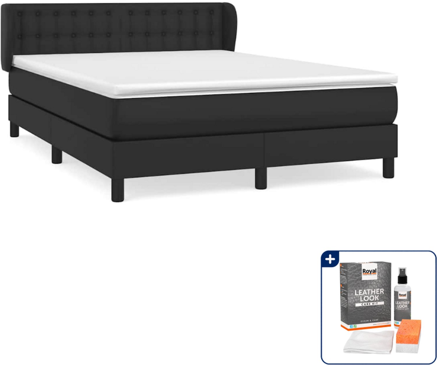 vidaXL boxspring met matras 140 x 190 cm - kunstleer - zwart - Inclusief onderhoudsset voor kunstleer 150 ml