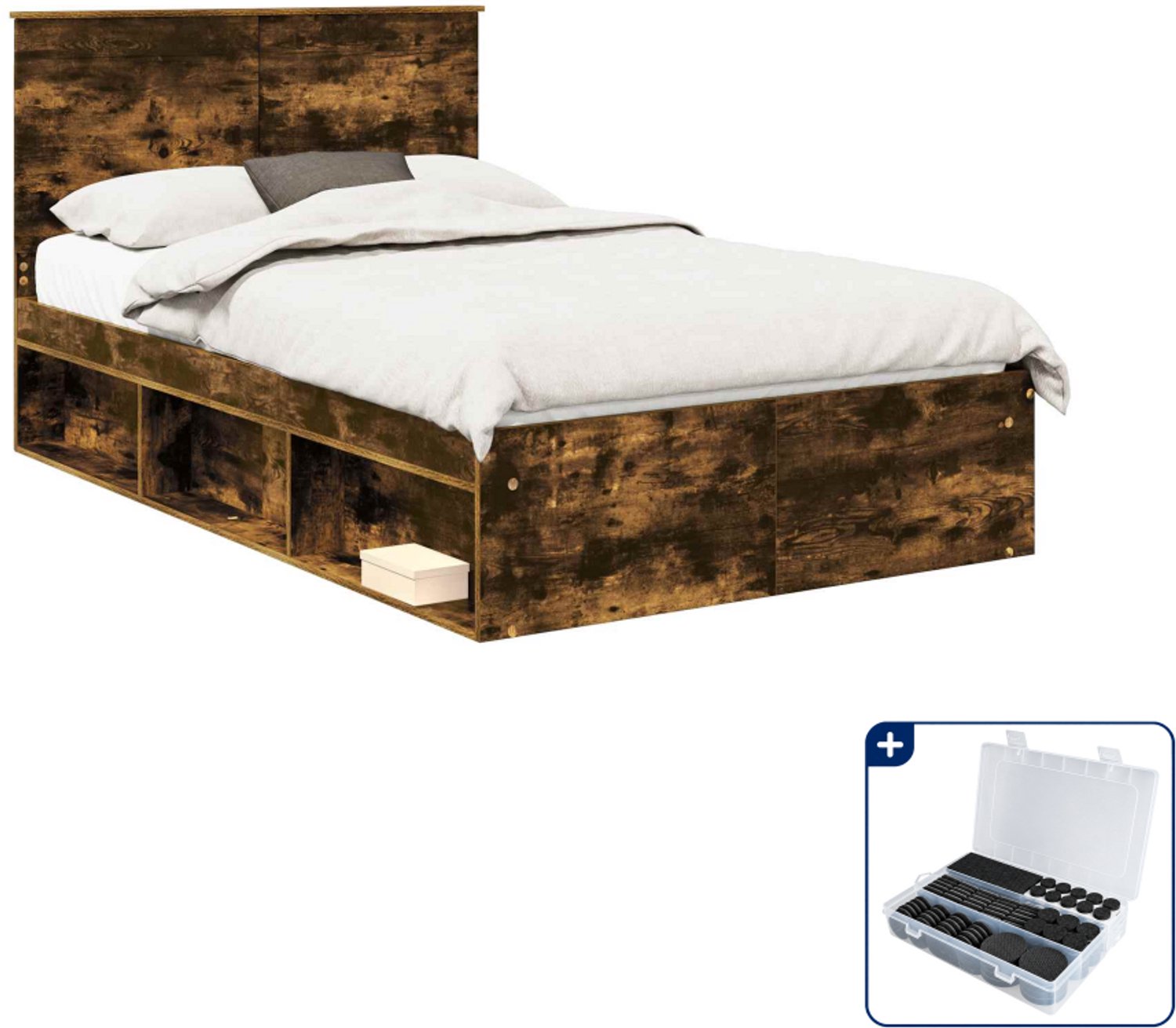 vidaXL bedframe - 120 x 200 cm - bewerkt hout en grenenhout - gerookt eiken - Inclusief antikrasvilt 177-delig Grijs