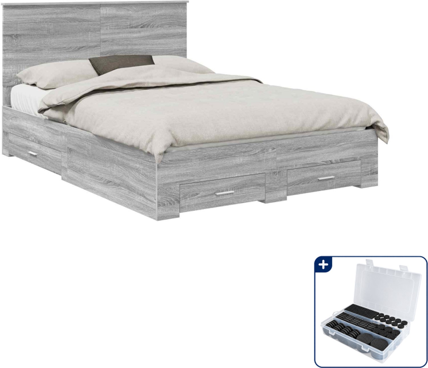 vidaXL Bedframe - Small double - 140 x 200 cm - bewerkt hout - grijs - Inclusief antikrasvilt 177-delig Bruin