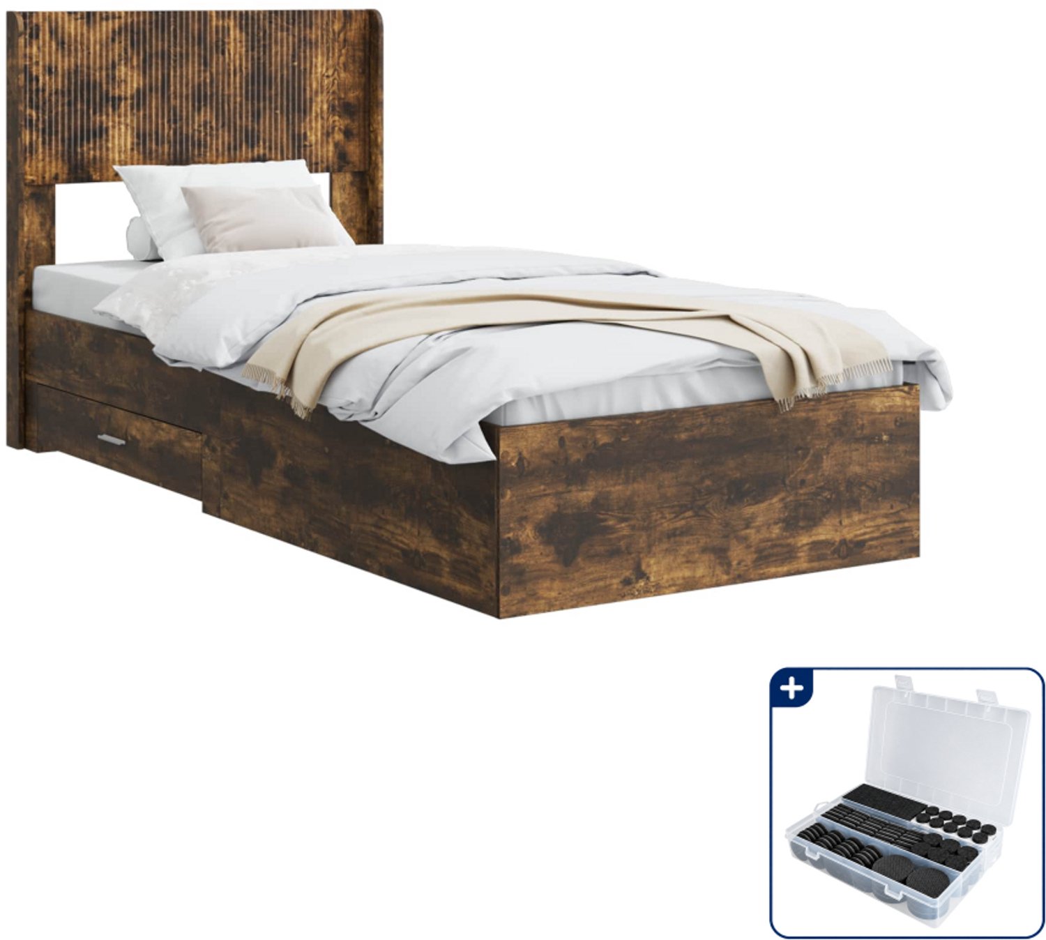 vidaXL bedframe - 75 x 190 cm - bewerkt hout - gerookt eiken - Inclusief antikrasvilt 177-delig Bruin