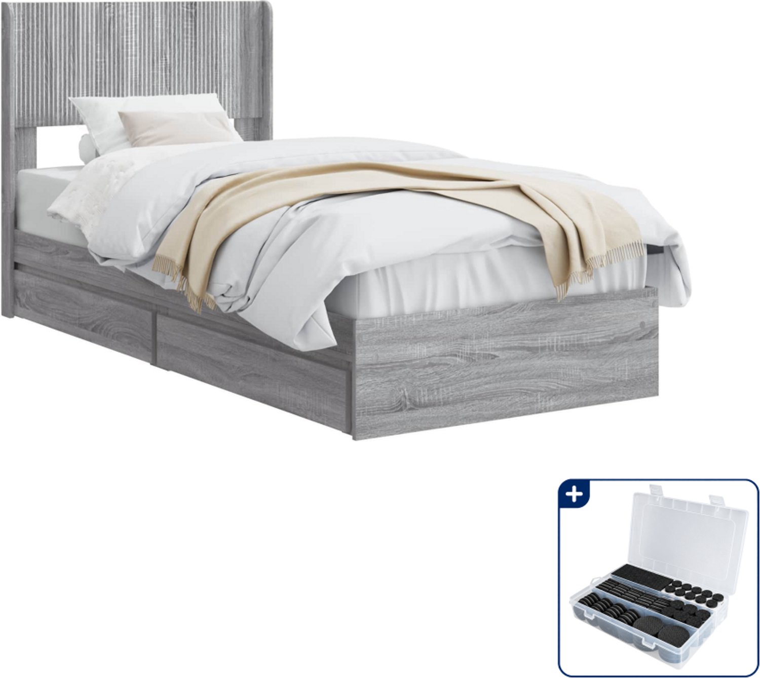 vidaXL bedframe met opbergruimte - 90 x 200 cm - bewerkt hout - grijs - Inclusief antikrasvilt 177-delig