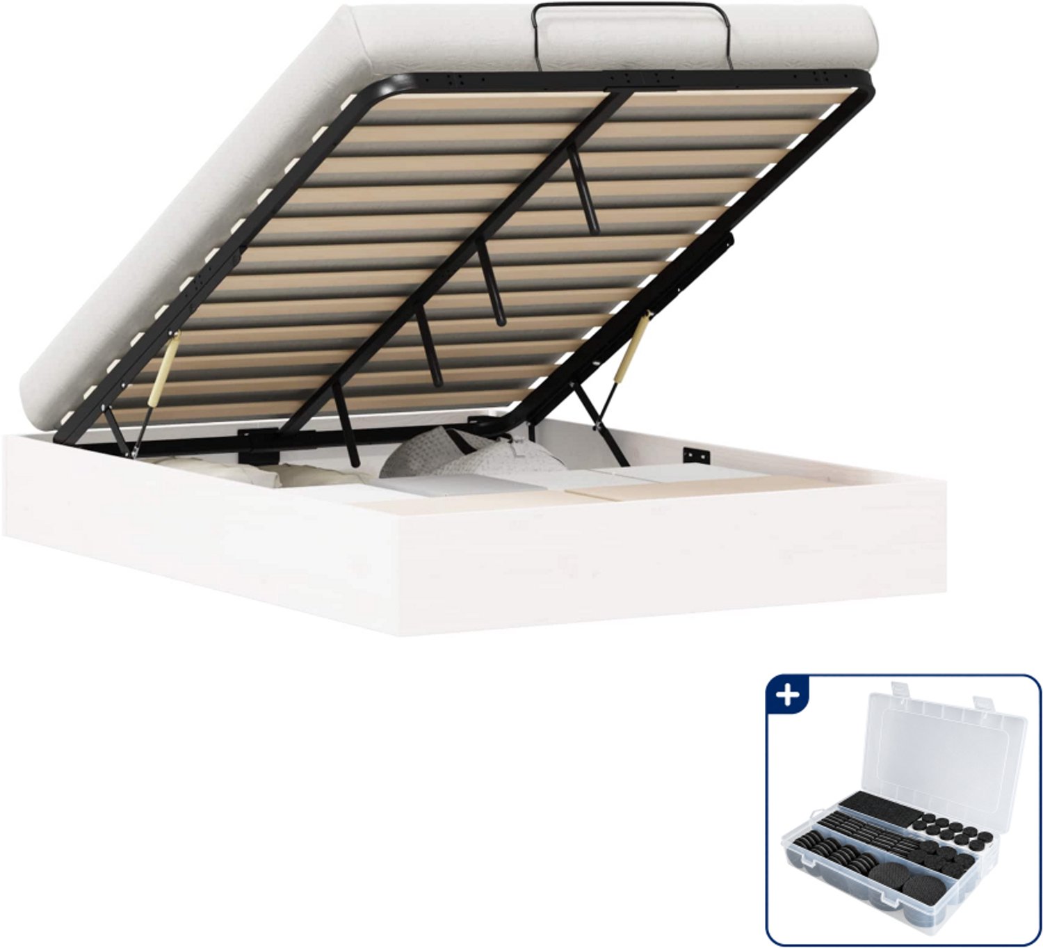 vidaXL ottoman bedframe met opslag - 150 x 200 cm - massief grenen - wit - Inclusief antikrasvilt 177-delig