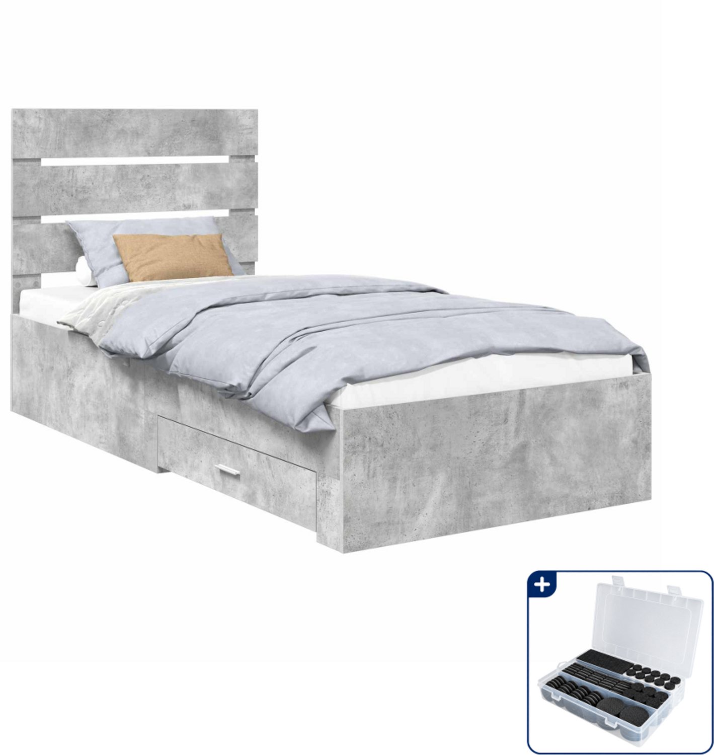 vidaXL bedframe met lade - 90 x 190 cm - bewerkt hout - beton grijs - Inclusief antikrasvilt 177-delig
