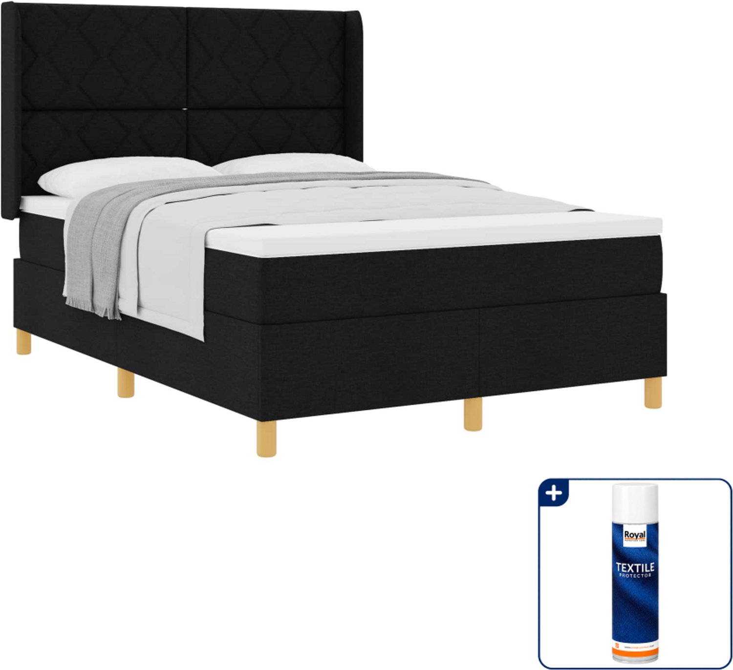 vidaXL boxspringbed 140 x 190 cm - stof - zwart - Inclusief textielbeschermer 500 ml
