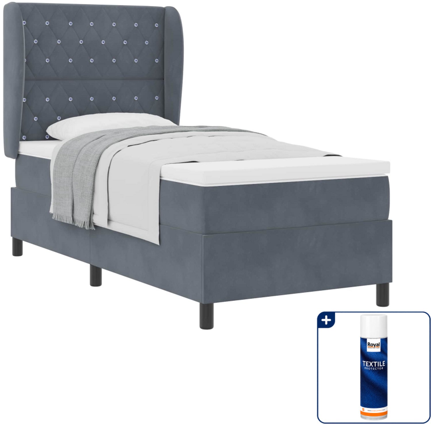 vidaXL boxspringbed met matras - 100 x 200 cm - fluweel - donkergrijs - Inclusief textielbeschermer 500 ml
