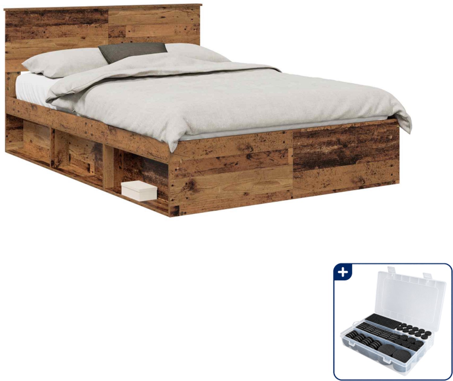 vidaXL bedframe met hoofdeinde - 150 x 200 cm - bewerkt hout - oudhout - Inclusief antikrasvilt 177-delig Bruin