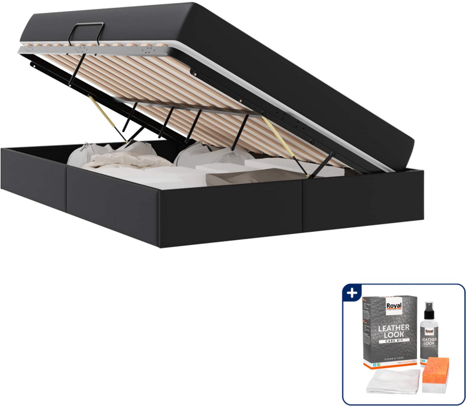 vidaXL opbergbed met matras - Small double 140 x 190 cm - zwart - Inclusief onderhoudsset voor kunstleer 150 ml Grijs