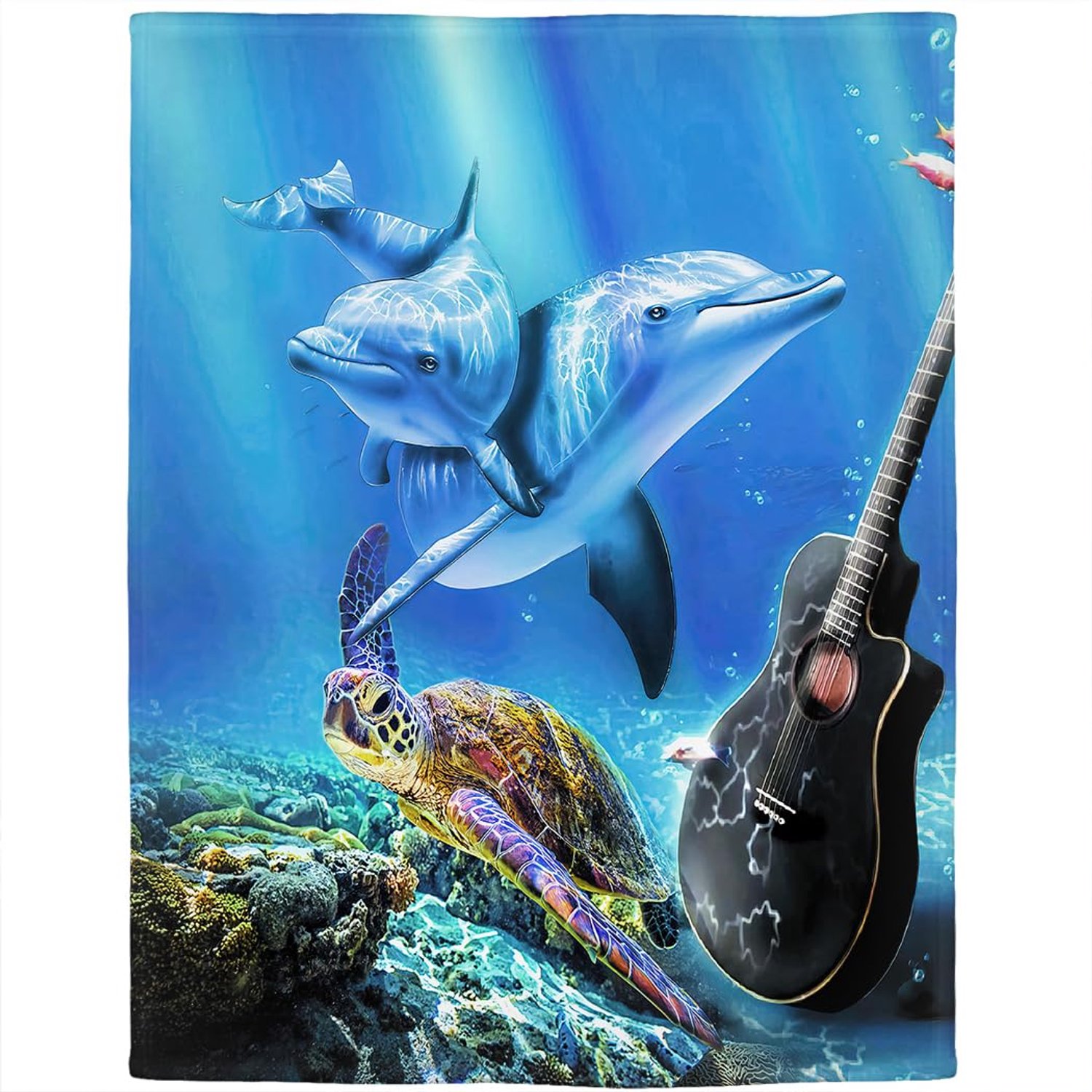 Zachte Fleece Deken, Turtle Dolphin Guitar Ocean, 150 x 200 cm