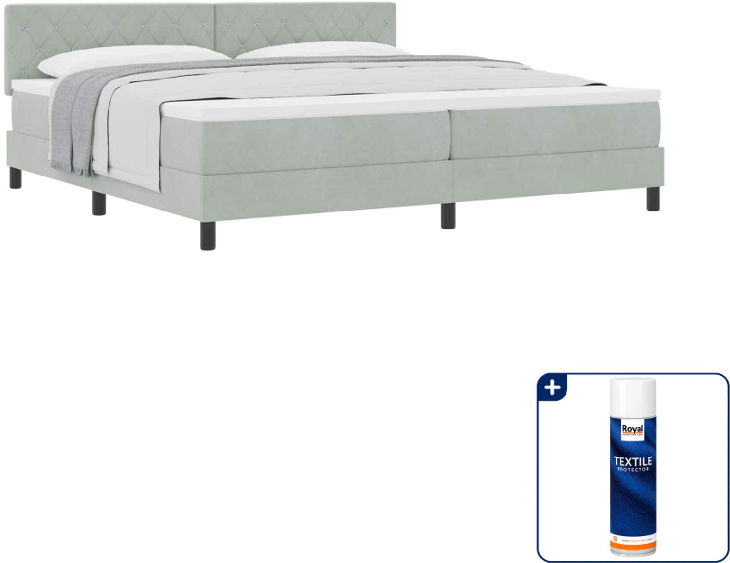 vidaXL boxspringbed met matras - 200 x 200 cm - fluweel - lichtgrijs - Inclusief textielbeschermer 500 ml
