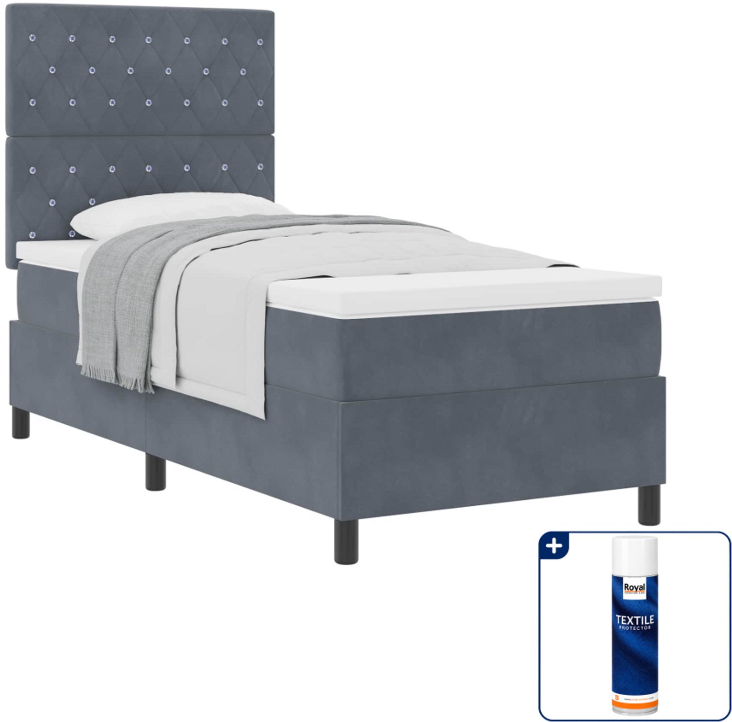 vidaXL boxspringbed met matras - 90 x 200 cm - fluweel - donkergrijs - Inclusief textielbeschermer 500 ml