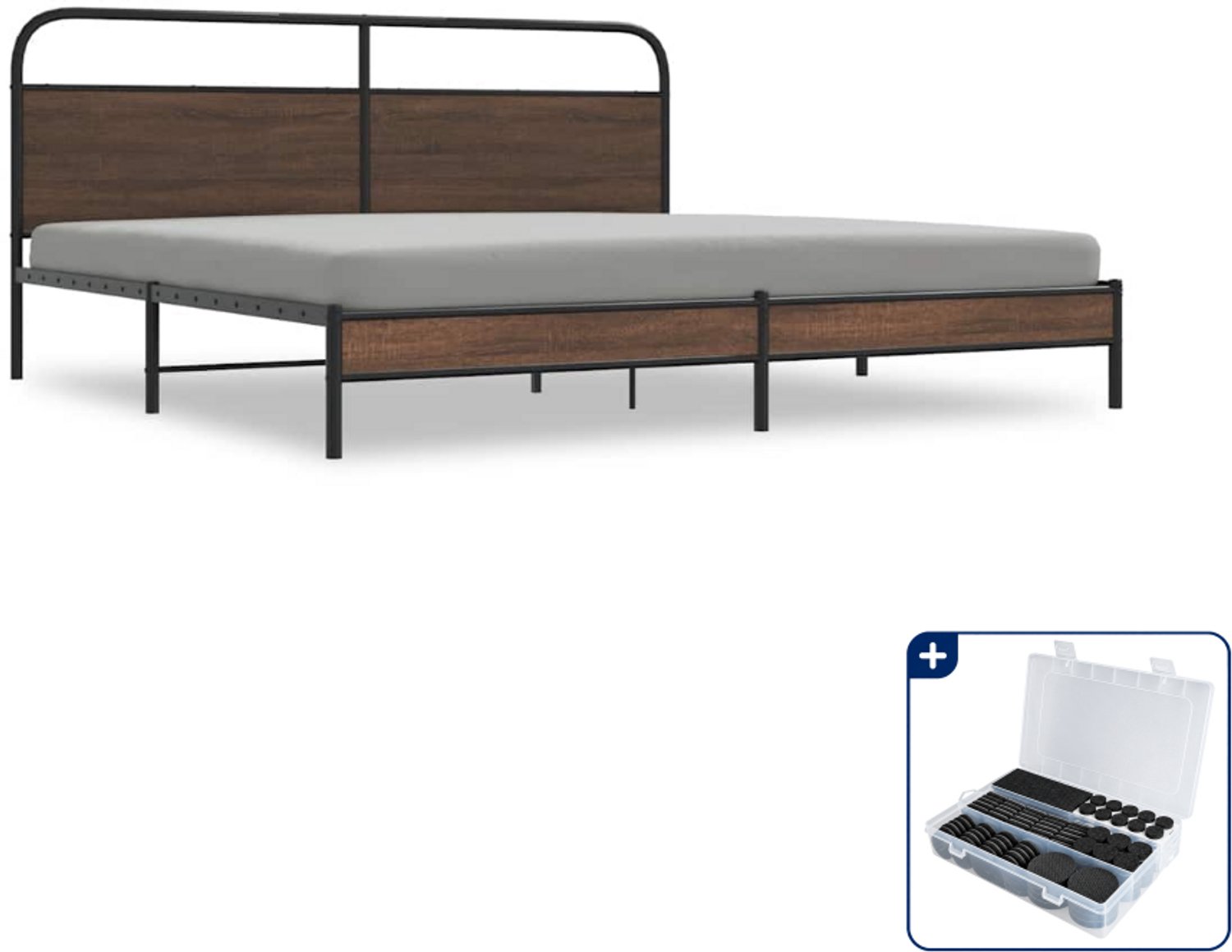 vidaXL bedframe - 193 x 203 cm - staal en bewerkt hout - bruineiken - Inclusief antikrasvilt 177-delig