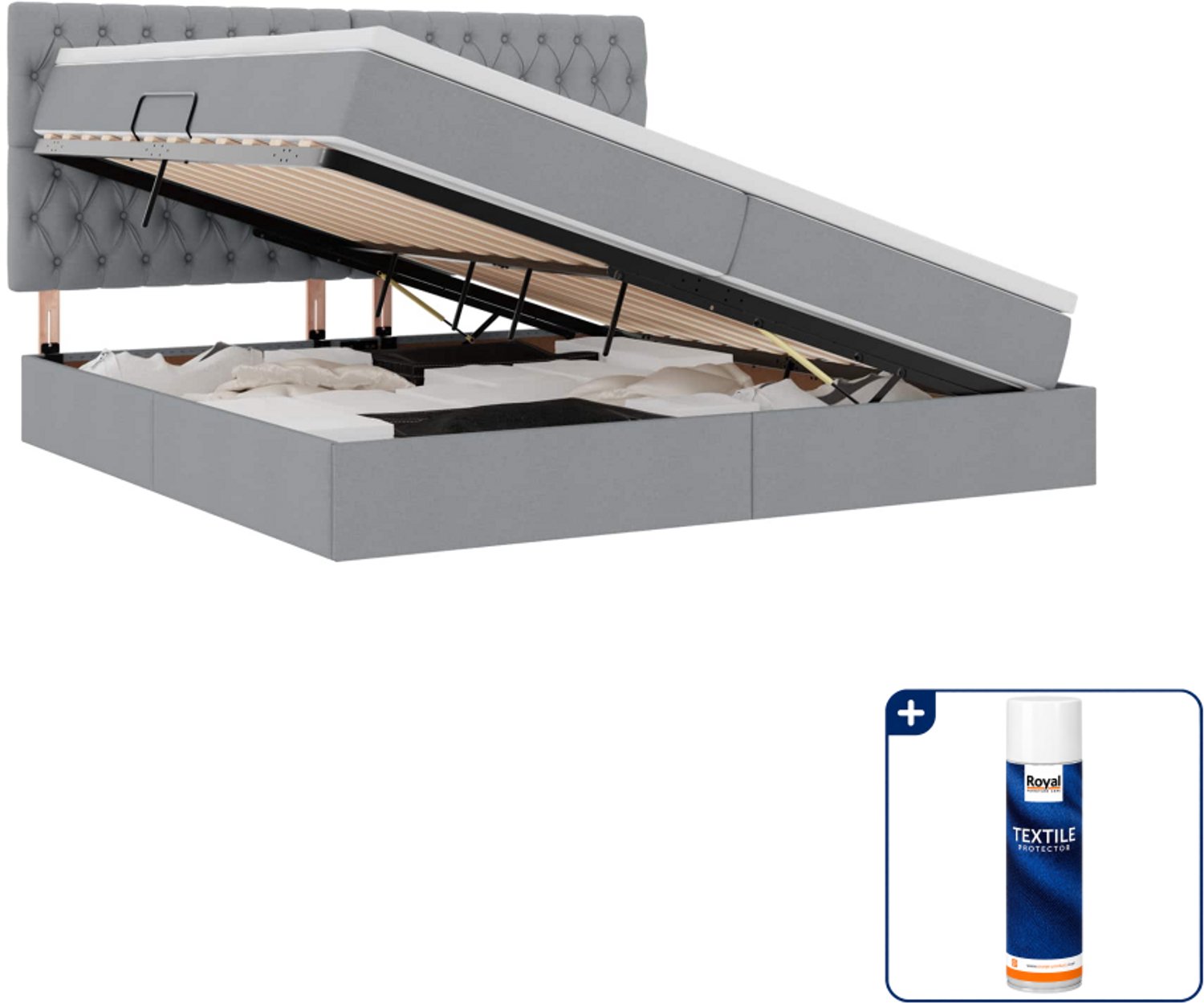 vidaXL opbergbed met matras - Super kingsize - 200 x 200 cm - grijs - Inclusief textielbeschermer 500 ml Lichtgrijs