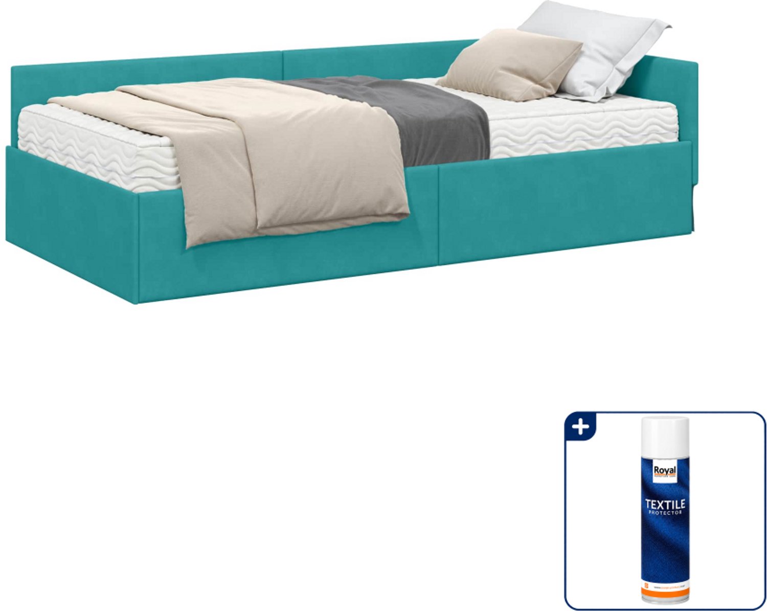 vidaXL hoekbedframe met matras - 90 x 200 cm - fluweel - turquoise - Inclusief textielbeschermer 500 ml