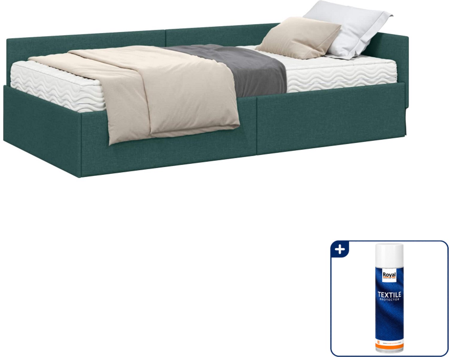 vidaXL hoekbedframe met matras - 80 x 200 cm - stof - donkergroen - Inclusief textielbeschermer 500 ml Bruin
