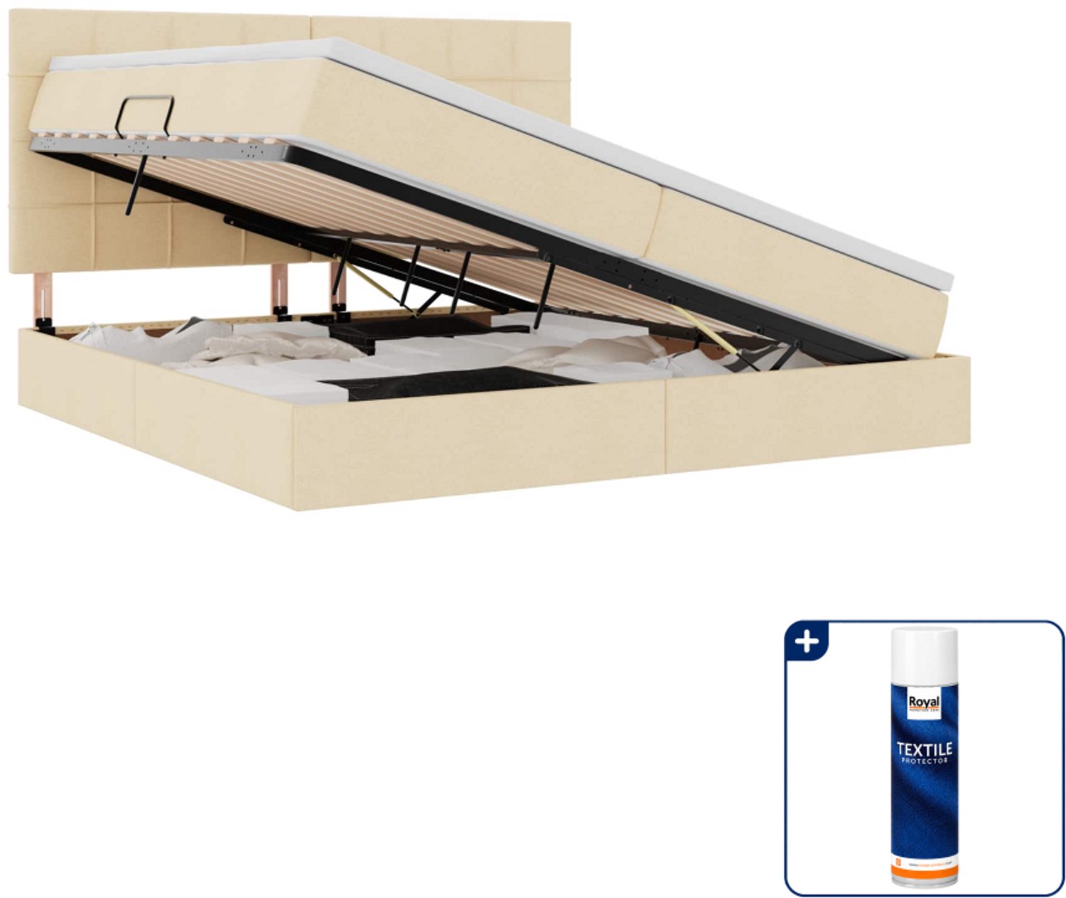 vidaXL opbergbed met matras - 200 x 200 cm - crème - Inclusief textielbeschermer 500 ml Lichtgrijs