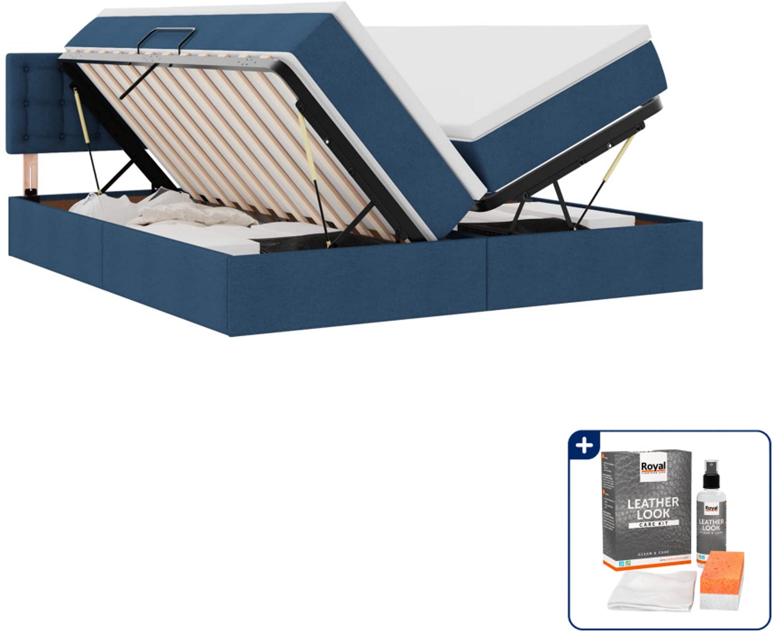 vidaXL opbergbed met matras - 200 x 200 cm - kunstleer - blauw - Inclusief onderhoudsset voor kunstleer 150 ml Grijs