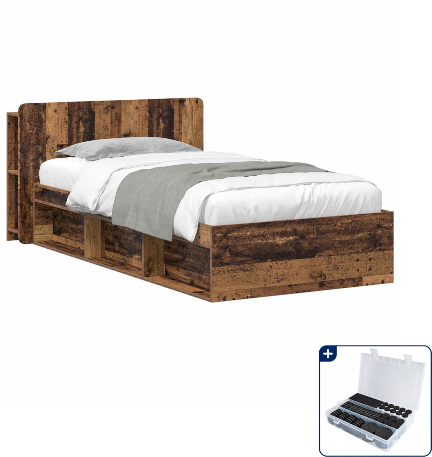 vidaXL bedframe met opbergruimte - 100 x 200 cm - bewerkt hout - oud hout - Inclusief antikrasvilt 177-delig Bruin