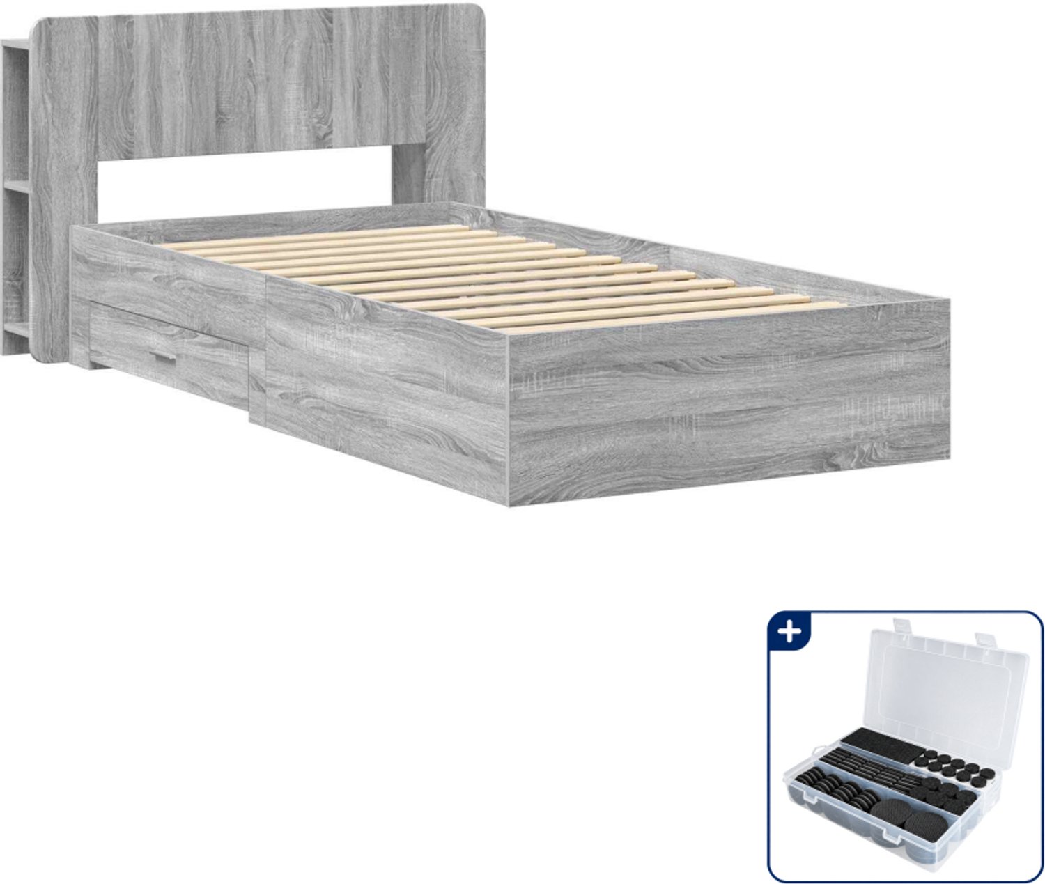 vidaXL bedframe - 75 x 190 cm - bewerkt hout - grijs sonoma - Inclusief antikrasvilt 177-delig