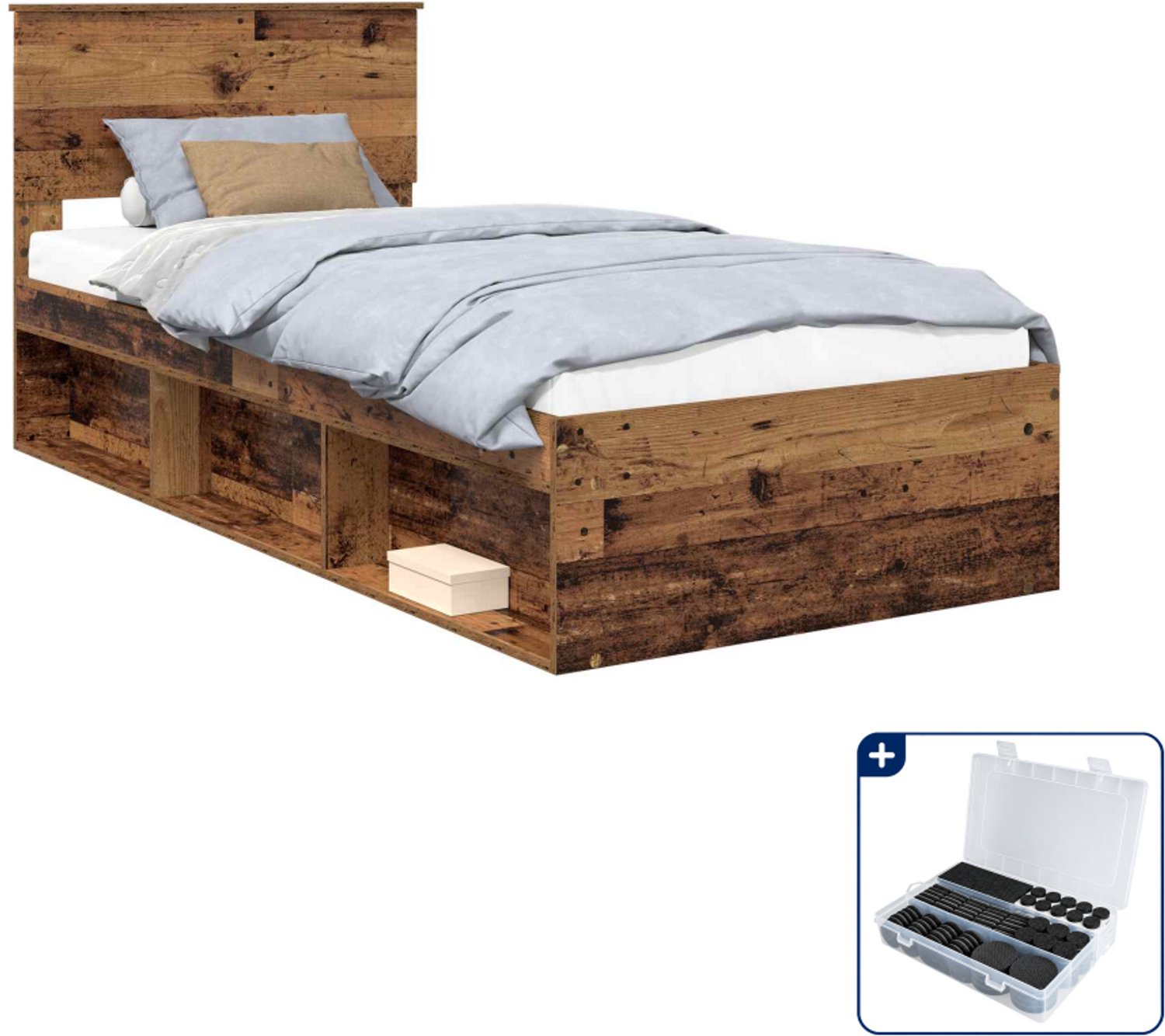 vidaXL bedframe met hoofdeinde - 90 x 190 cm - bewerkt hout - oudhout - Inclusief antikrasvilt 177-delig Wit