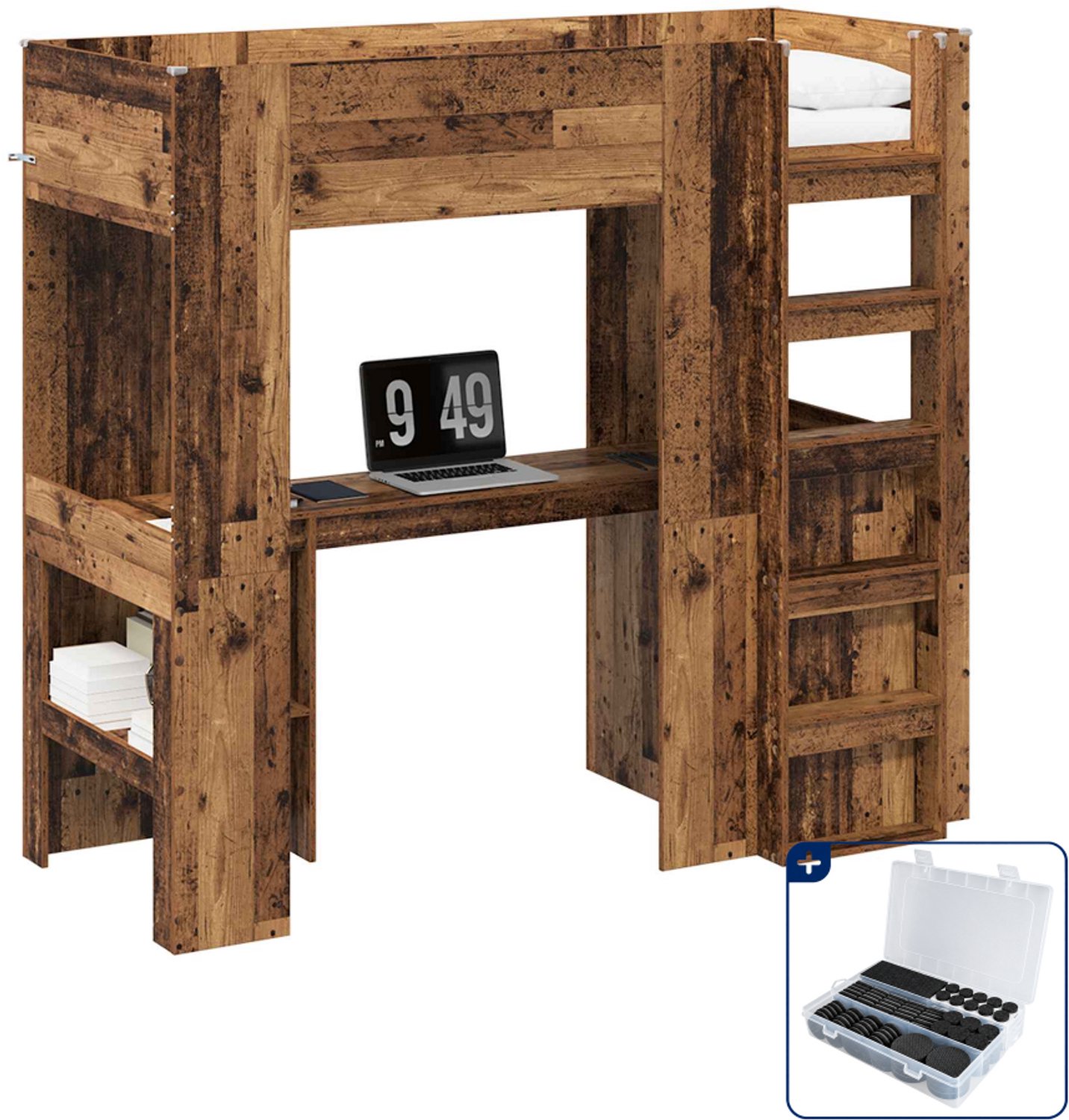 vidaXL loftbed met bureau - 75 x 190 cm - bewerkt hout - oudhout - Inclusief antikrasvilt 177-delig Wit