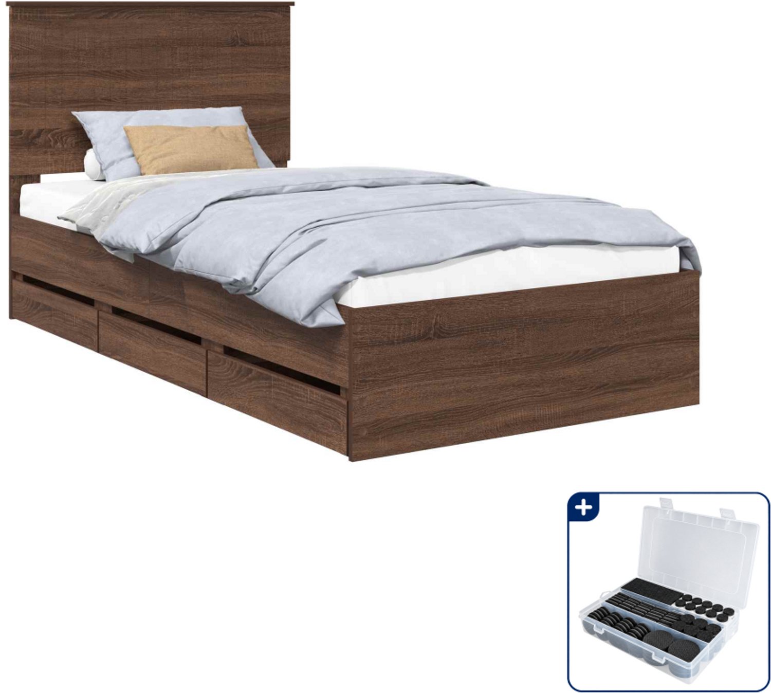vidaXL bedframe met lade - 100 x 200 cm - bewerkt hout - bruin eiken - Inclusief antikrasvilt 177-delig Grijs