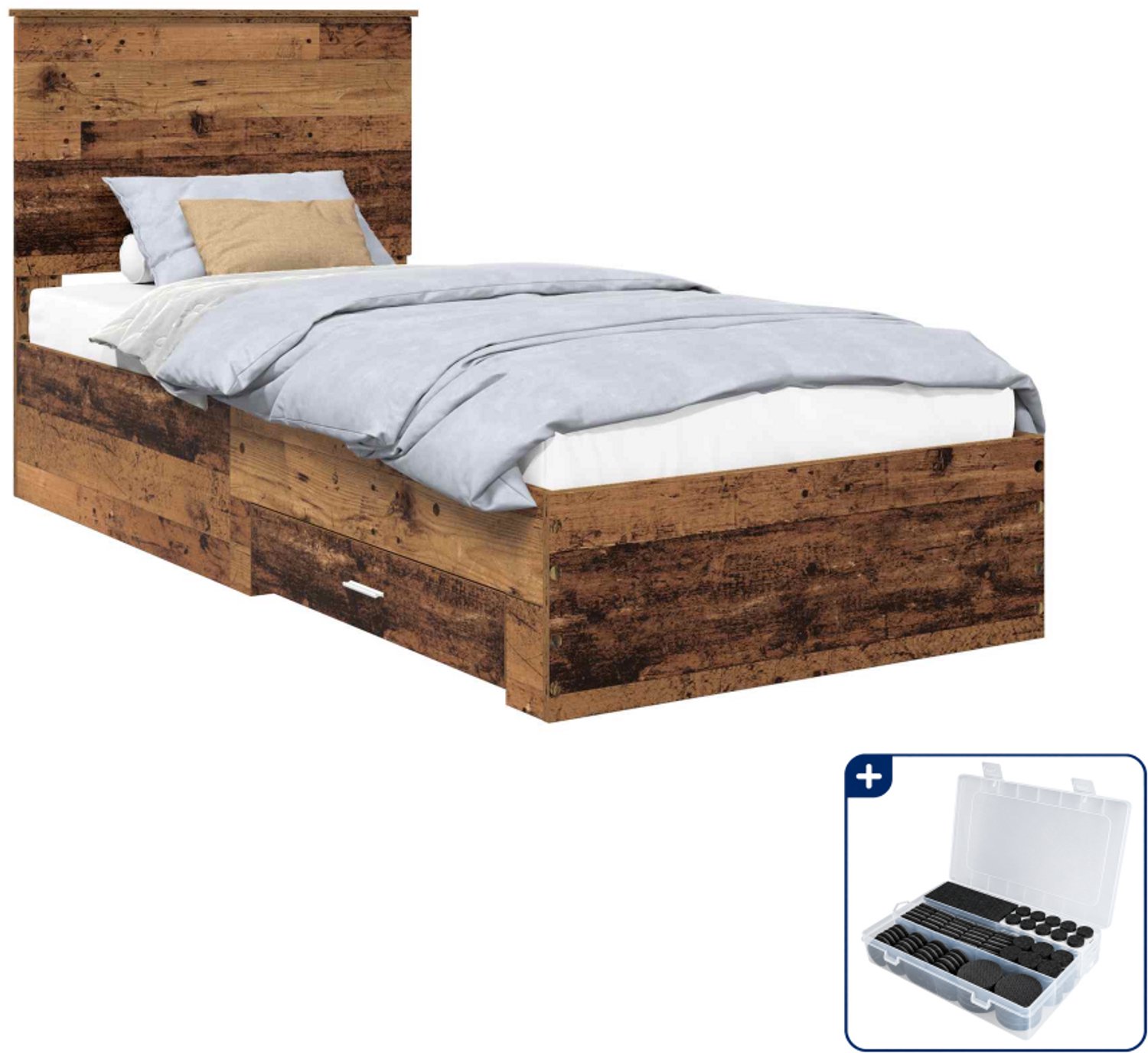 vidaXL bedframe met opberglades - 90 x 200 cm - bewerkt hout - oudhout - Inclusief antikrasvilt 177-delig Bruin