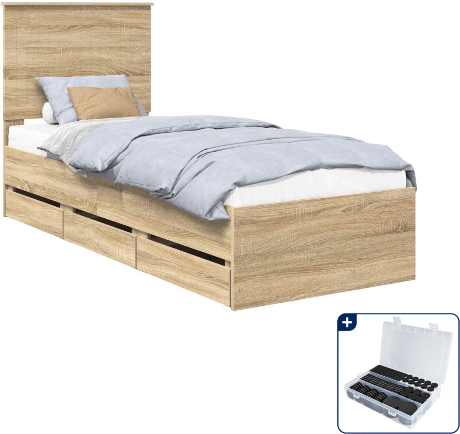 vidaXL bedframe - 75 x 190 cm - bewerkt hout - sonoma eiken - Inclusief antikrasvilt 177-delig Wit