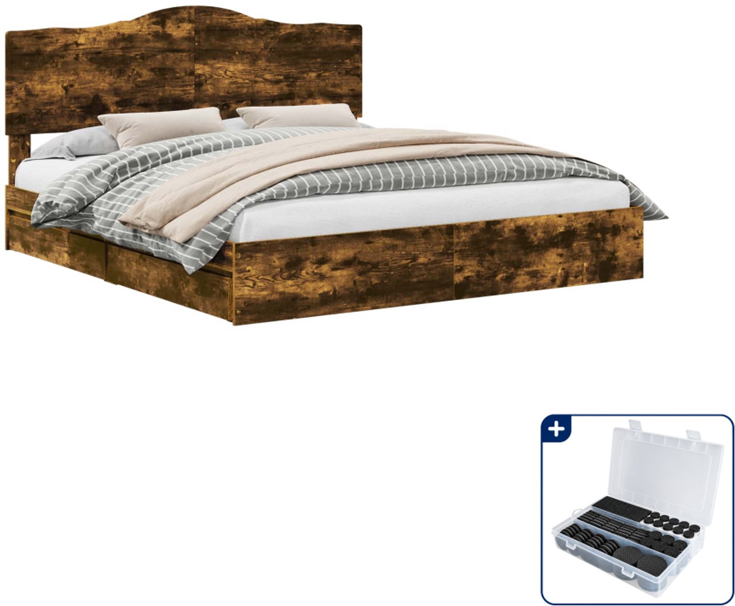 vidaXL bed met lades Kingsize 180 x 200 cm - bewerkt hout - gerookt eiken - Inclusief antikrasvilt 177-delig Bruin