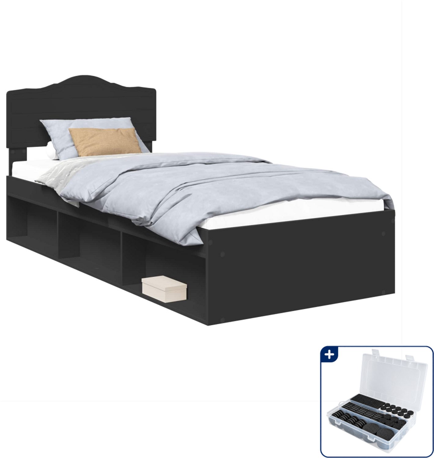 vidaXL bedframe met hoofdeinde - 90 x 190 cm - massief grenenhout - zwart - Inclusief antikrasvilt 177-delig