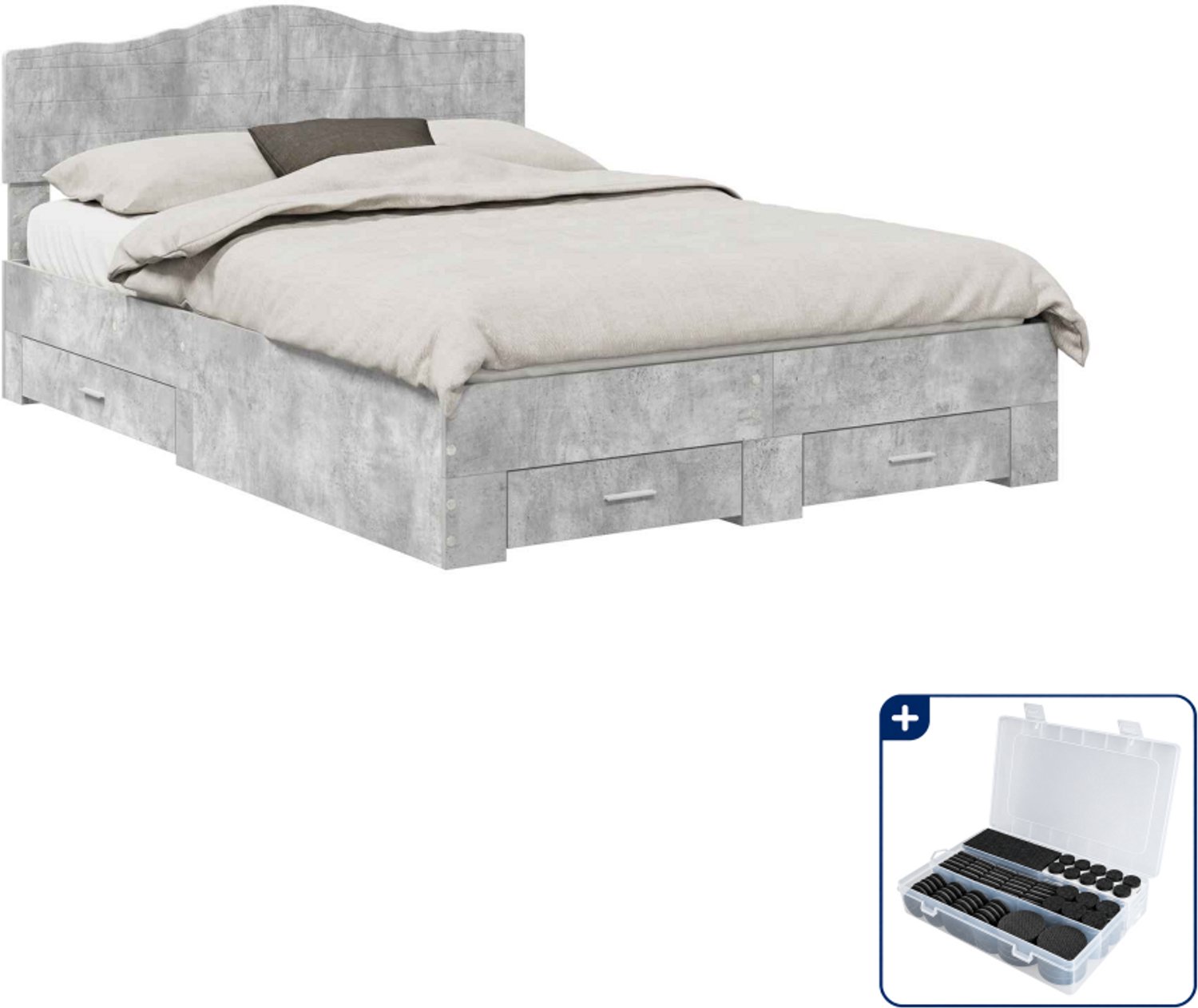 vidaXL bedframe met lade - 150 x 200 cm - bewerkt hout - beton grijs - Inclusief antikrasvilt 177-delig